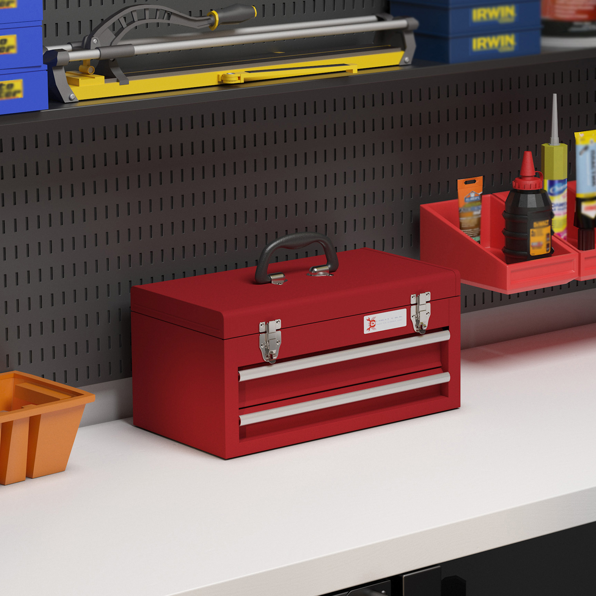DURHAND Metal Tool Box with Lock, 2 Drawer Chest, Latches, Ball Bearing Runners, Portable, Red