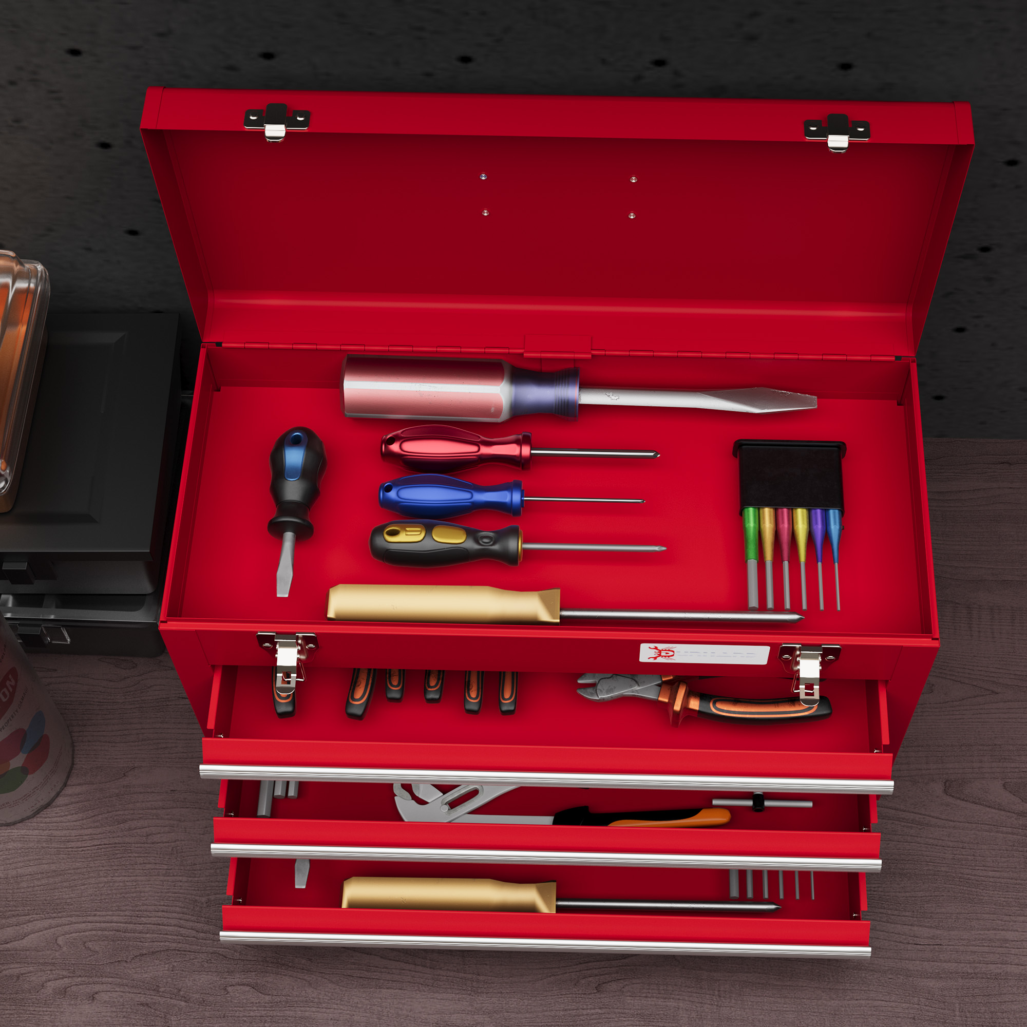 DURHAND Metal Tool Box, 3 Drawer, Lockable Tool Chest with Latches, Handle, Ball Bearing Runners, Red