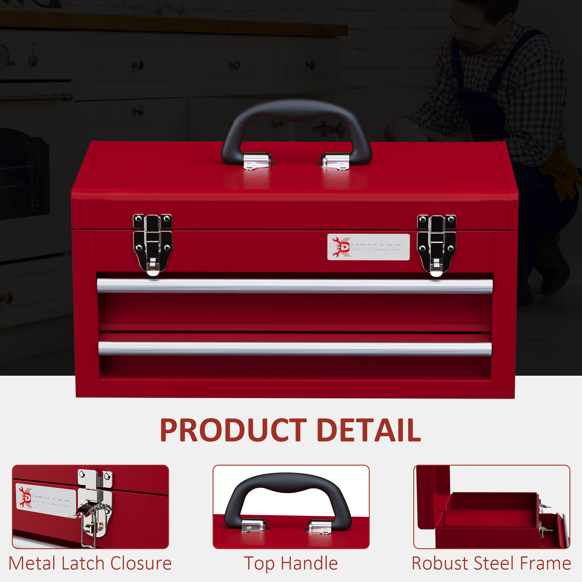 DURHAND Metal Tool Box with Lock, 2 Drawer Chest, Latches, Ball Bearing Runners, Portable, Red