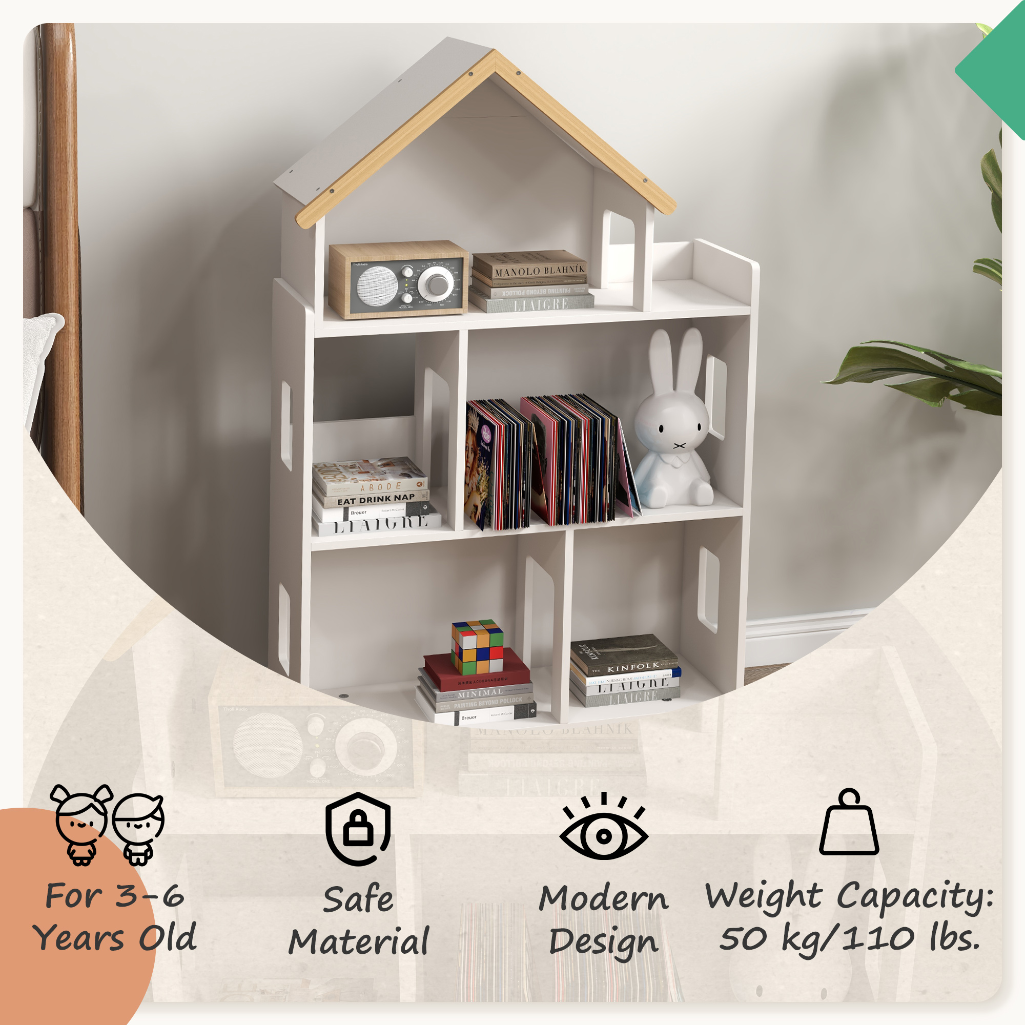 ZONEKIZ 3-Tier Children's Toy Storage Unit with 6 Bins, Freestanding Organiser Shelf for Playroom, White