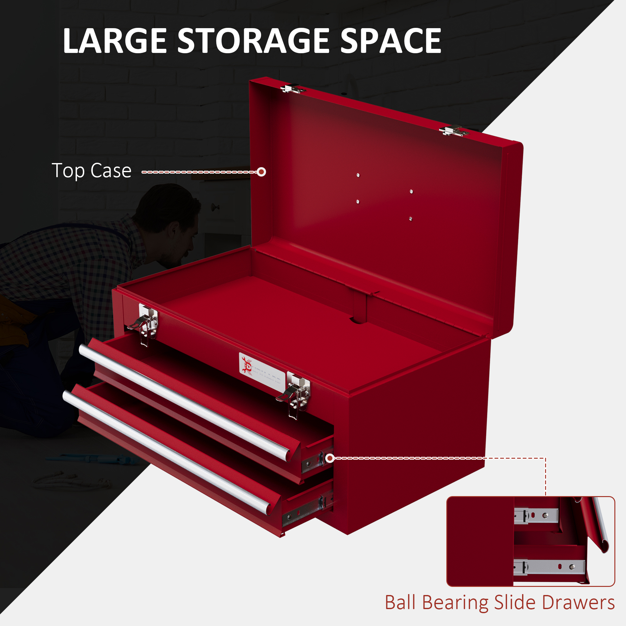 DURHAND Metal Tool Box with Lock, 2 Drawer Chest, Latches, Ball Bearing Runners, Portable, Red