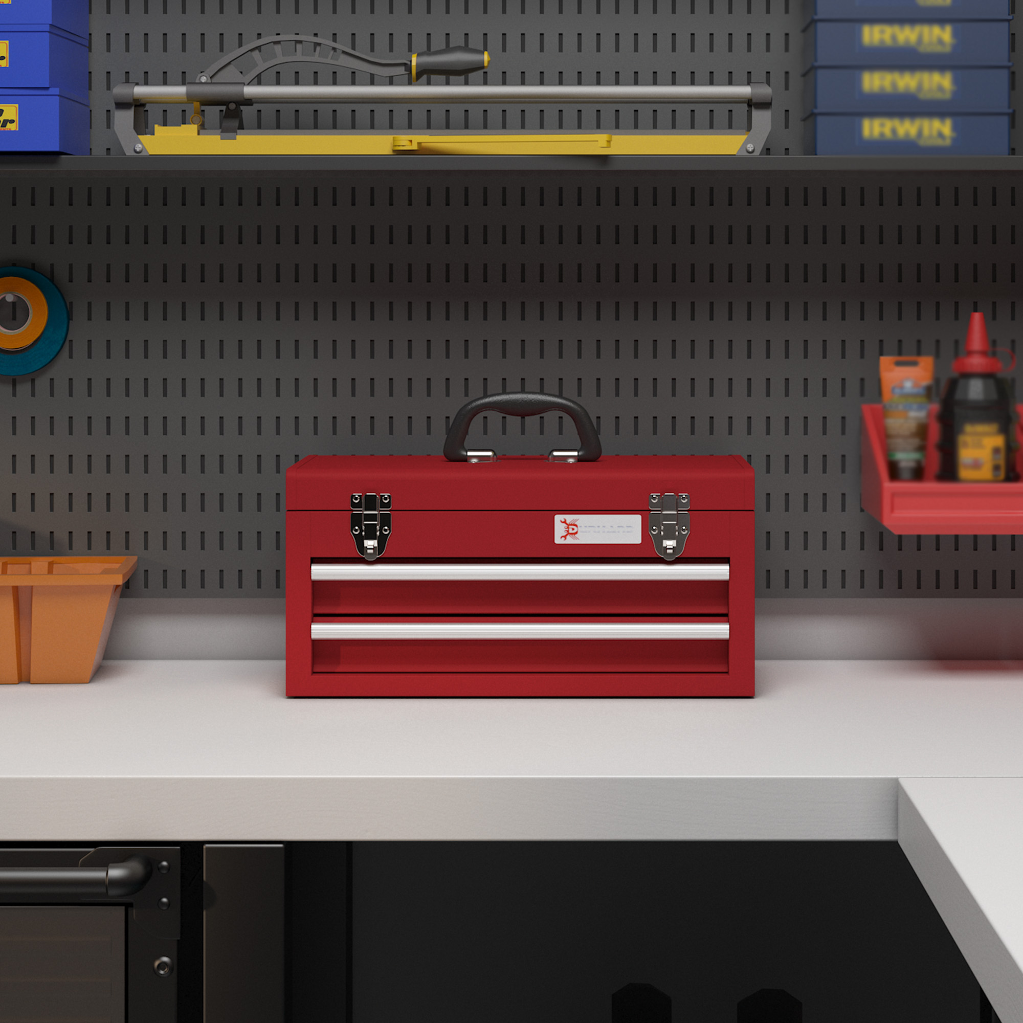 DURHAND Metal Tool Box with Lock, 2 Drawer Chest, Latches, Ball Bearing Runners, Portable, Red