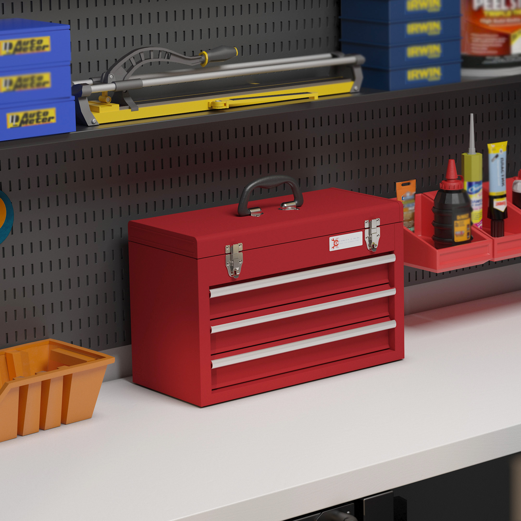 DURHAND Metal Tool Box, 3 Drawer, Lockable Tool Chest with Latches, Handle, Ball Bearing Runners, Red