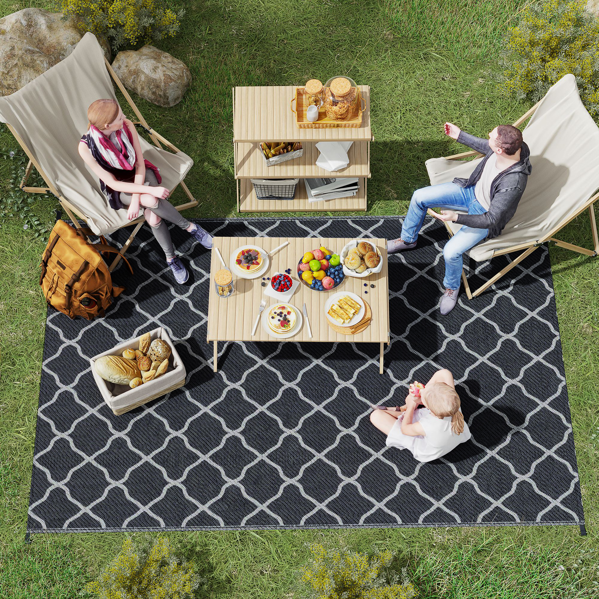 Outsunny Reversible Plastic Straw Outdoor Rug with Carry Bag & Ground Stakes, Ideal for Garden, RV, Picnic, Beach, Camping, 182x274cm, Black/White