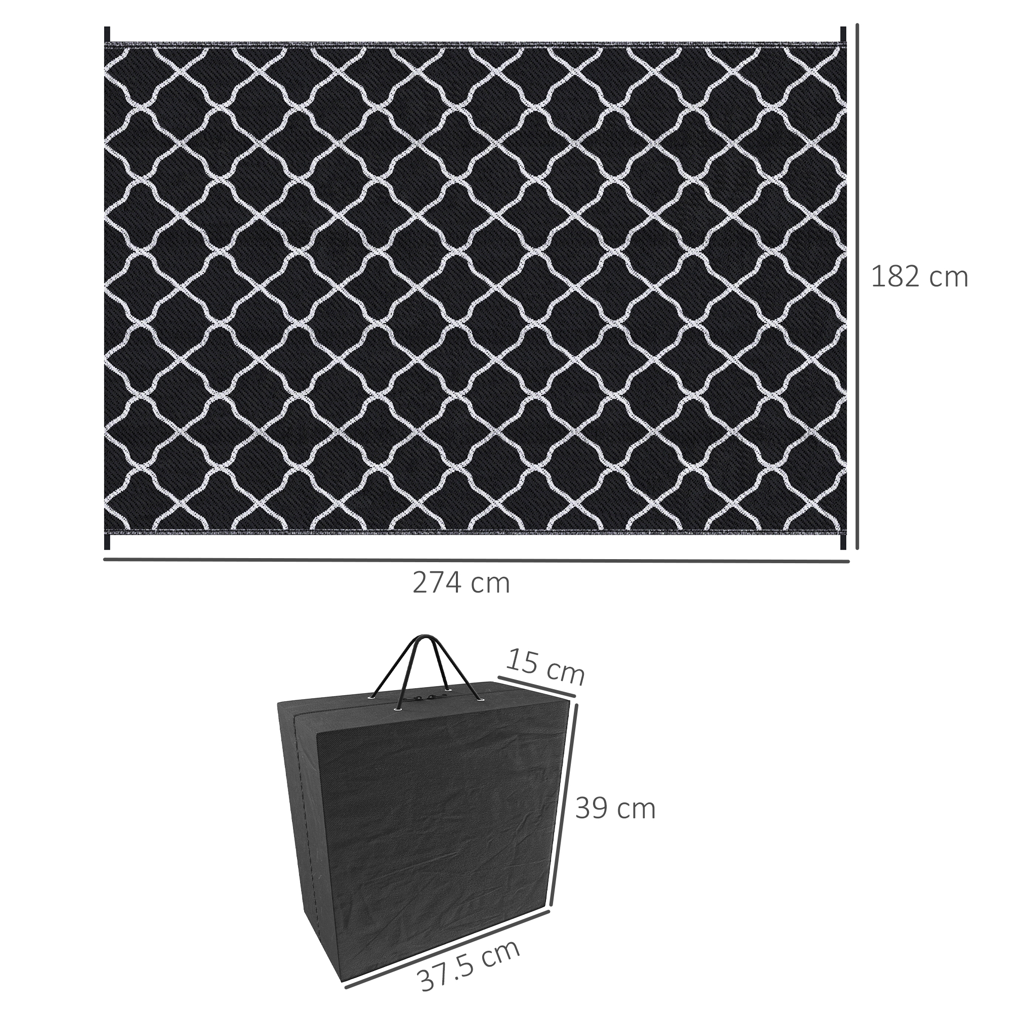 Outsunny Reversible Plastic Straw Outdoor Rug with Carry Bag & Ground Stakes, Ideal for Garden, RV, Picnic, Beach, Camping, 182x274cm, Black/White