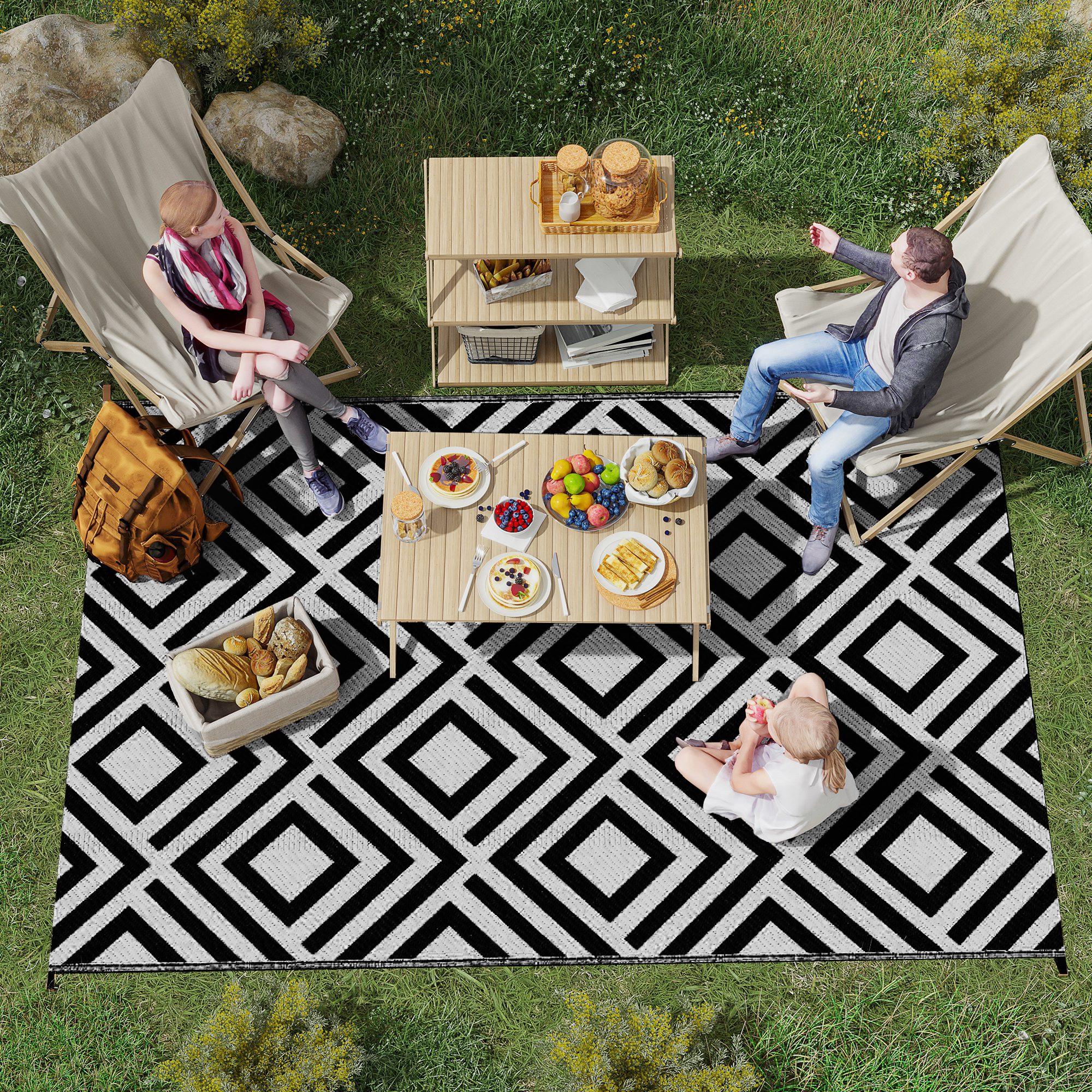 Outsunny Reversible Outdoor Mat, Plastic Straw Rug with Carry Bag & Ground Stakes, Black and White Rhombus, 182x274cm