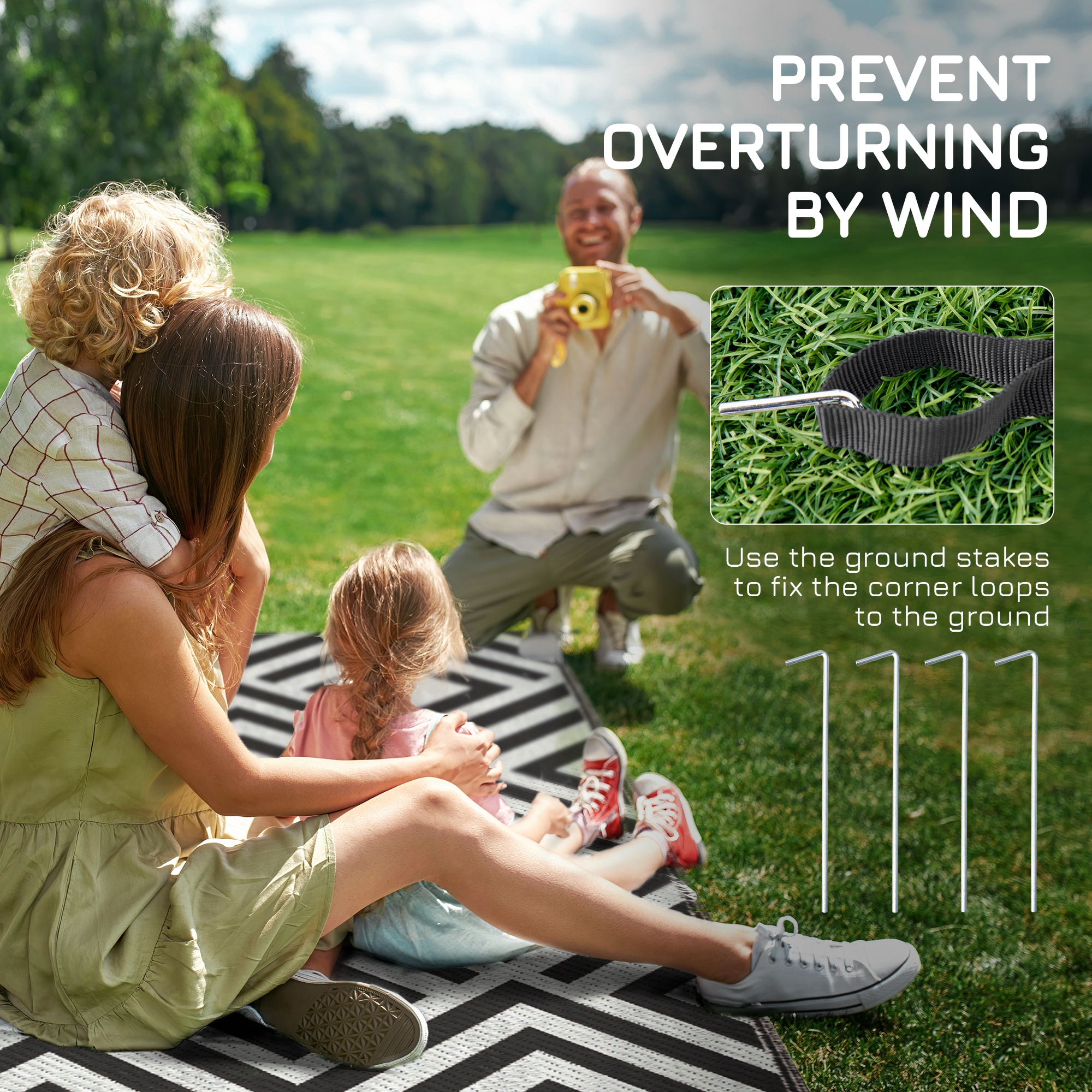 Outsunny Reversible Outdoor Mat, Plastic Straw Rug with Carry Bag & Ground Stakes, Black and White Rhombus, 182x274cm