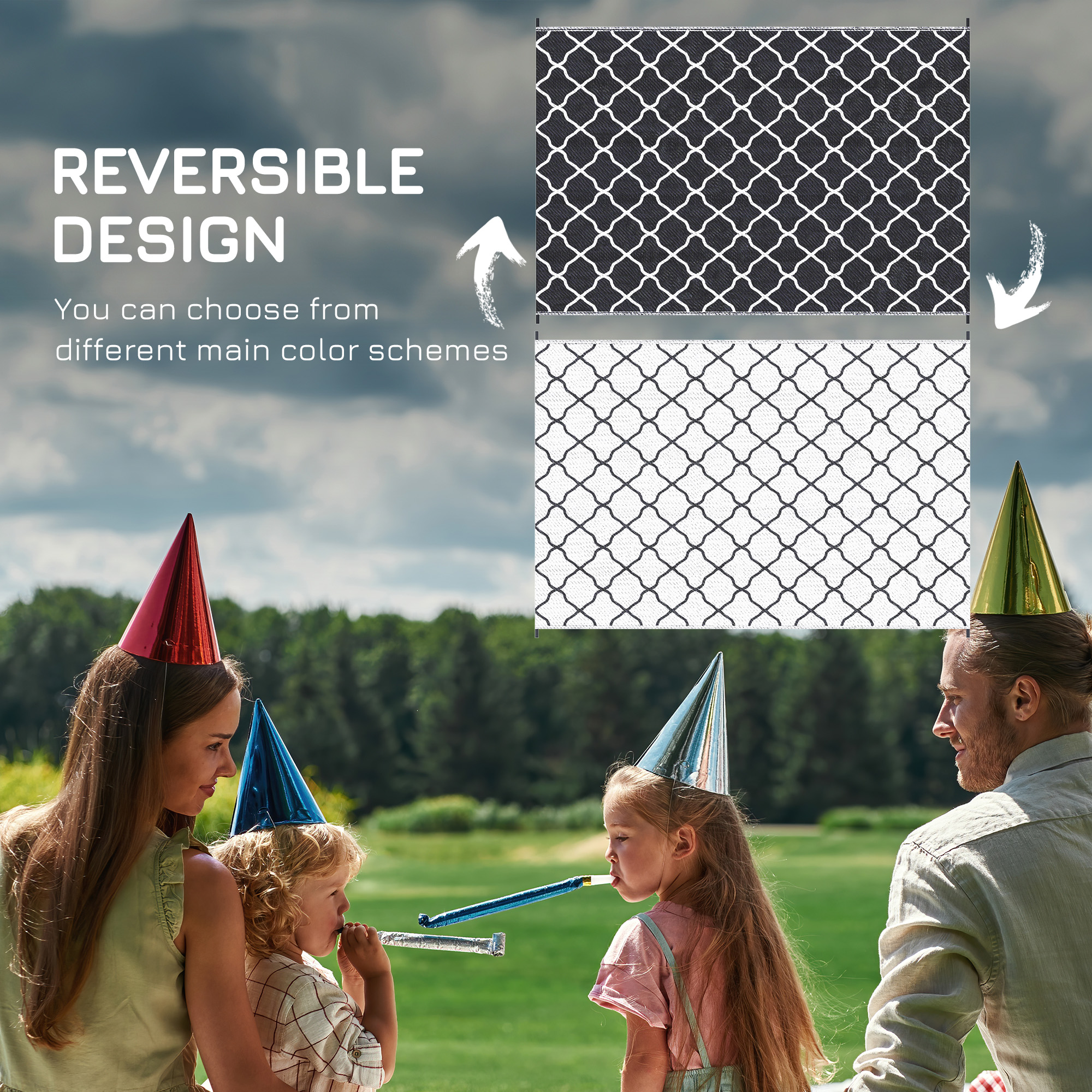 Outsunny Reversible Plastic Straw Outdoor Rug with Carry Bag & Ground Stakes, Ideal for Garden, RV, Picnic, Beach, Camping, 182x274cm, Black/White