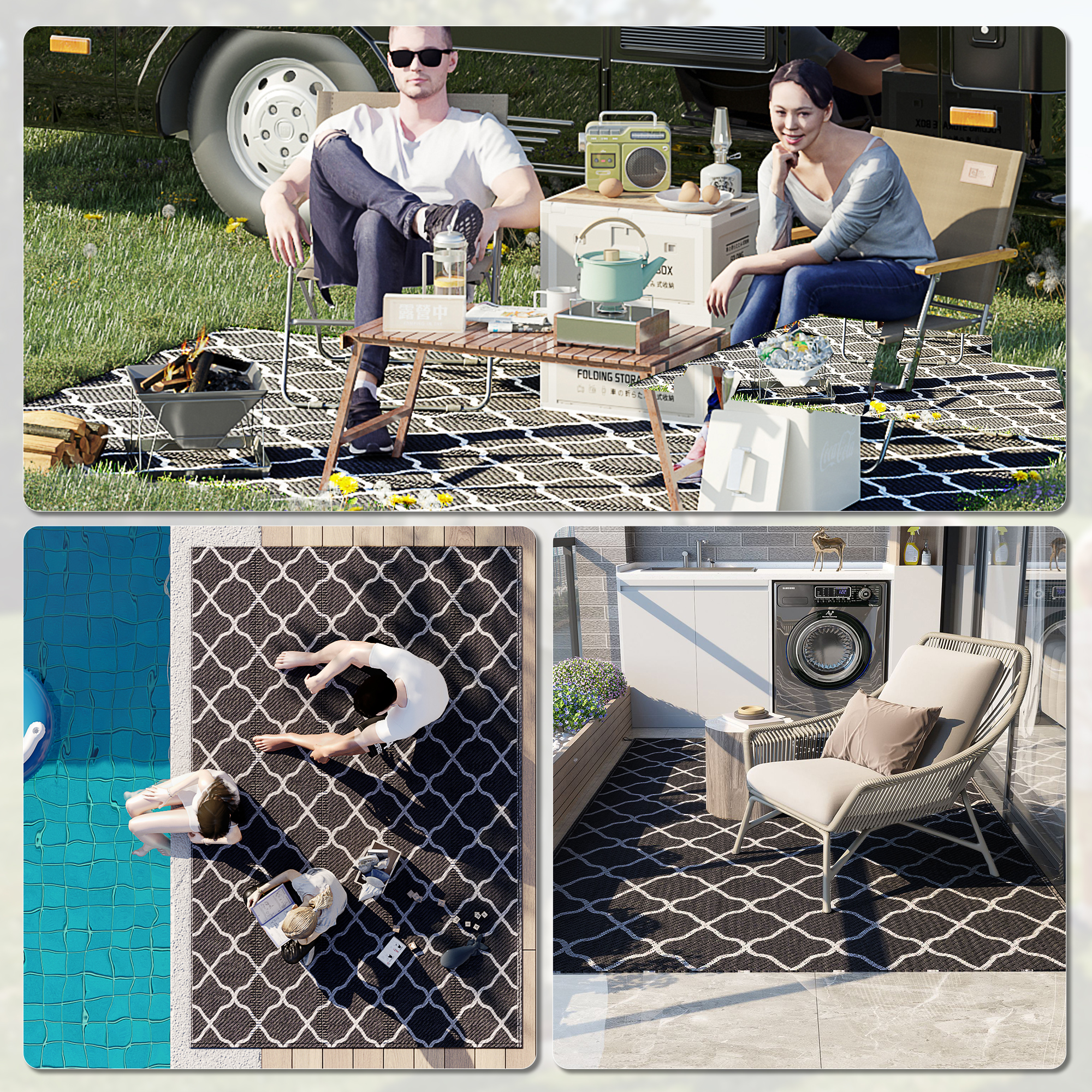 Outsunny Reversible Plastic Straw Outdoor Rug with Carry Bag & Ground Stakes, Ideal for Garden, RV, Picnic, Beach, Camping, 182x274cm, Black/White