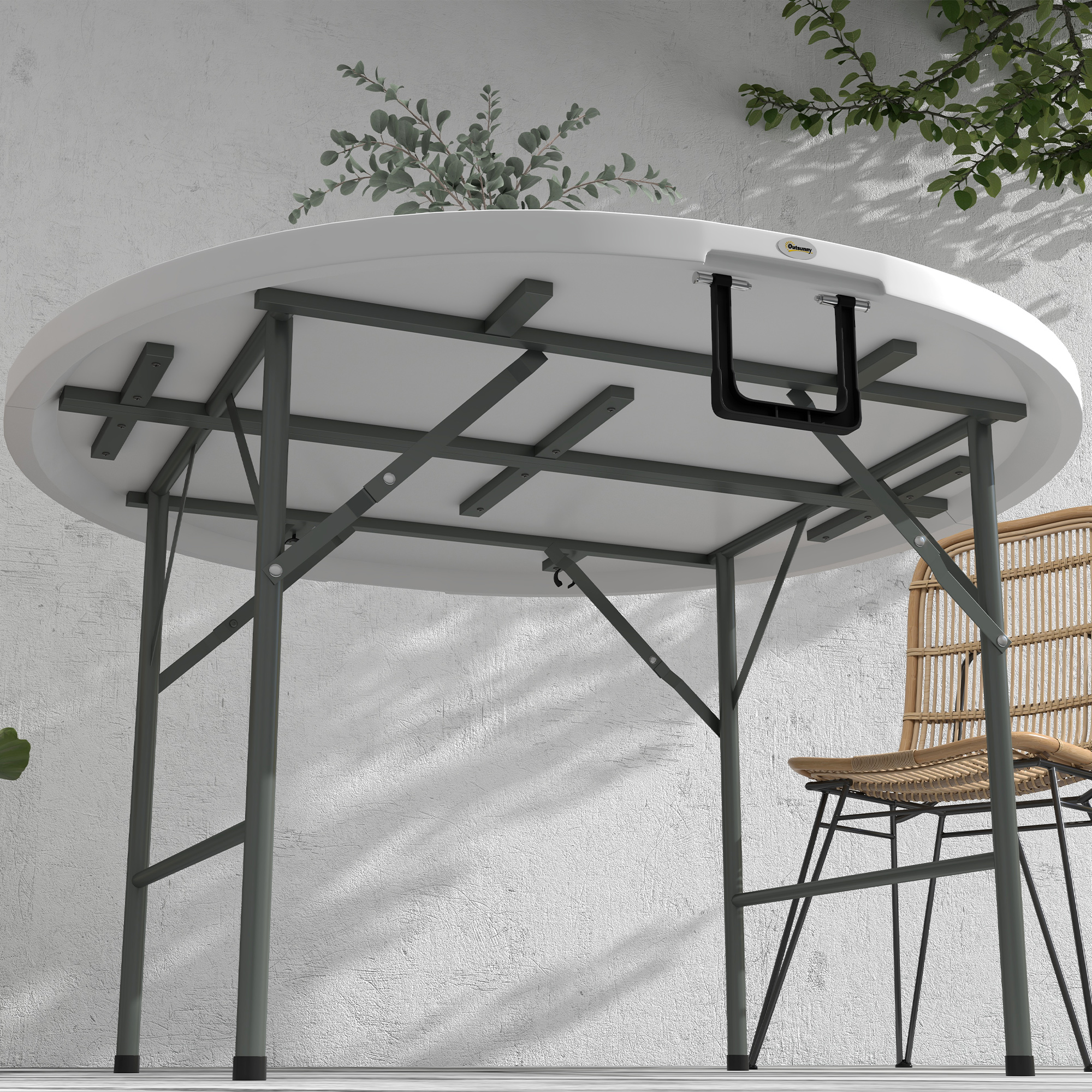 Outsunny Î¦122 Folding Garden Table, Outdoor HDPE Round Picnic Table for 6, Patio Table with Metal Frame, White