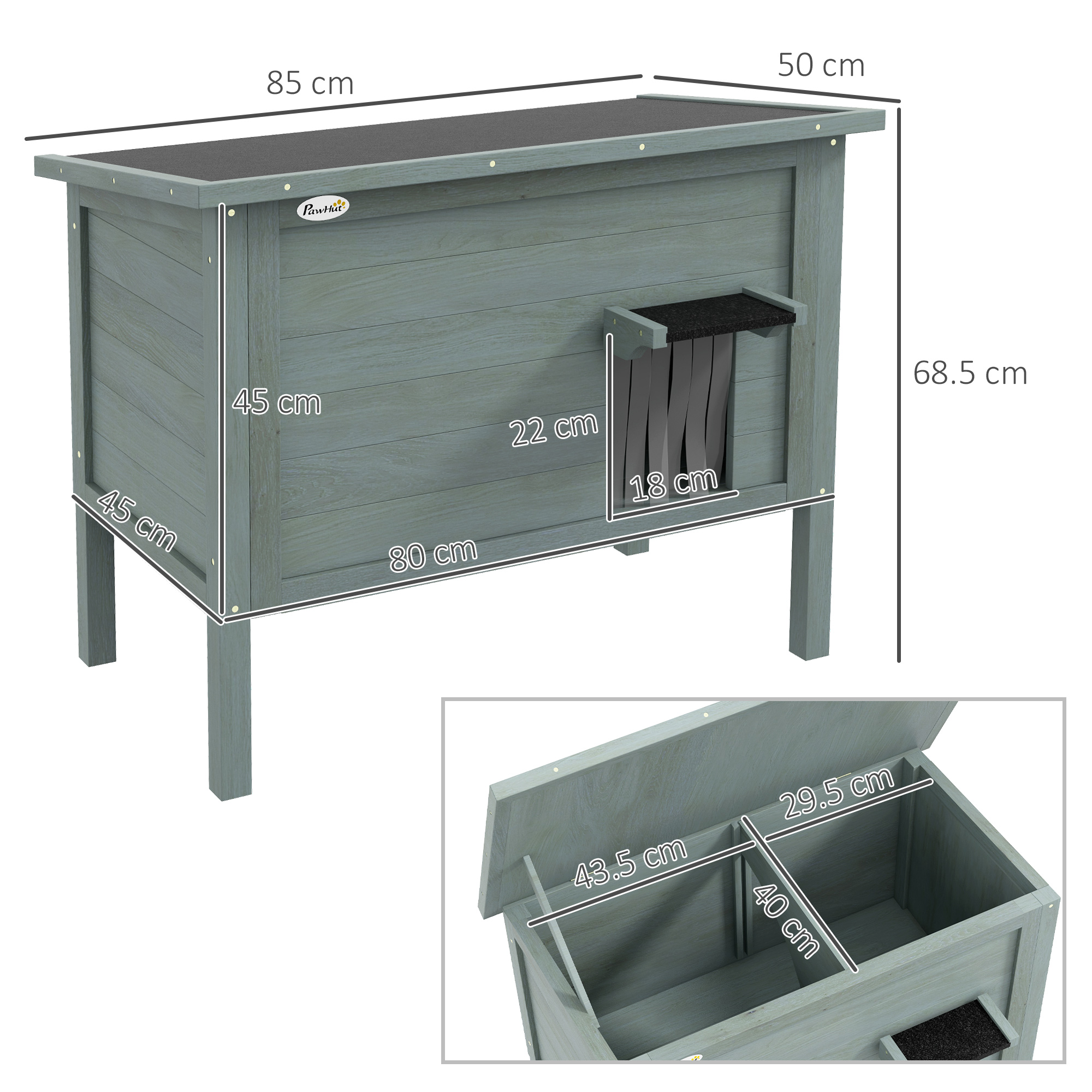 PawHut Outdoor Cat House, Wooden Insulated with Removable Floor, Waterproof & Openable Roof, Charcoal Grey
