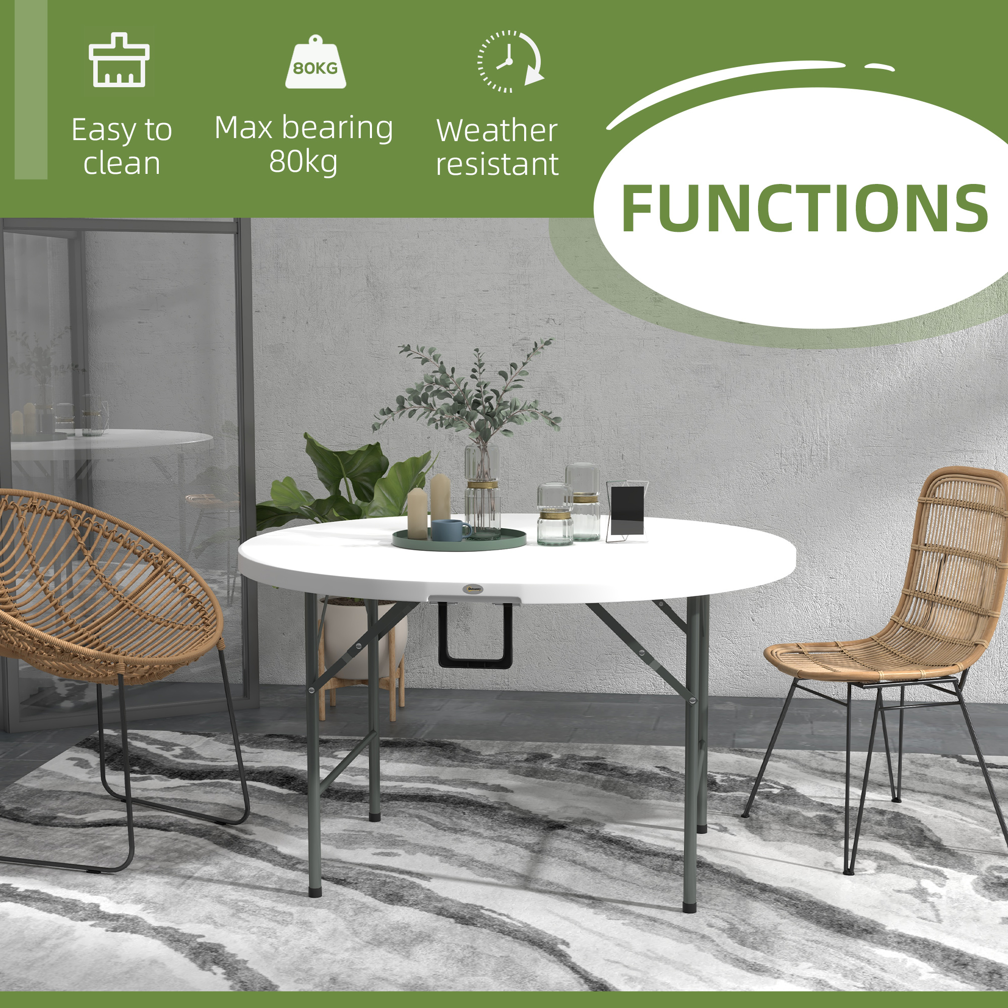 Outsunny Î¦122 Folding Garden Table, Outdoor HDPE Round Picnic Table for 6, Patio Table with Metal Frame, White