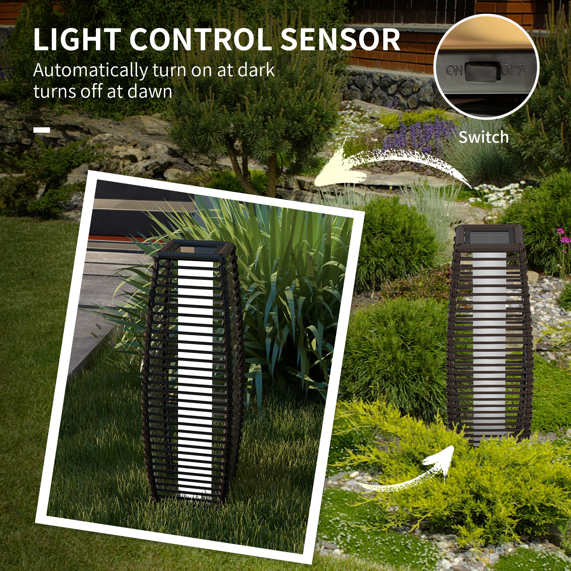 Outsunny Solar Floor Lamp for Outdoor Gardens, LED Pathway Lantern with Automatic On/Off, IP44, Decorative Lighting, Brown