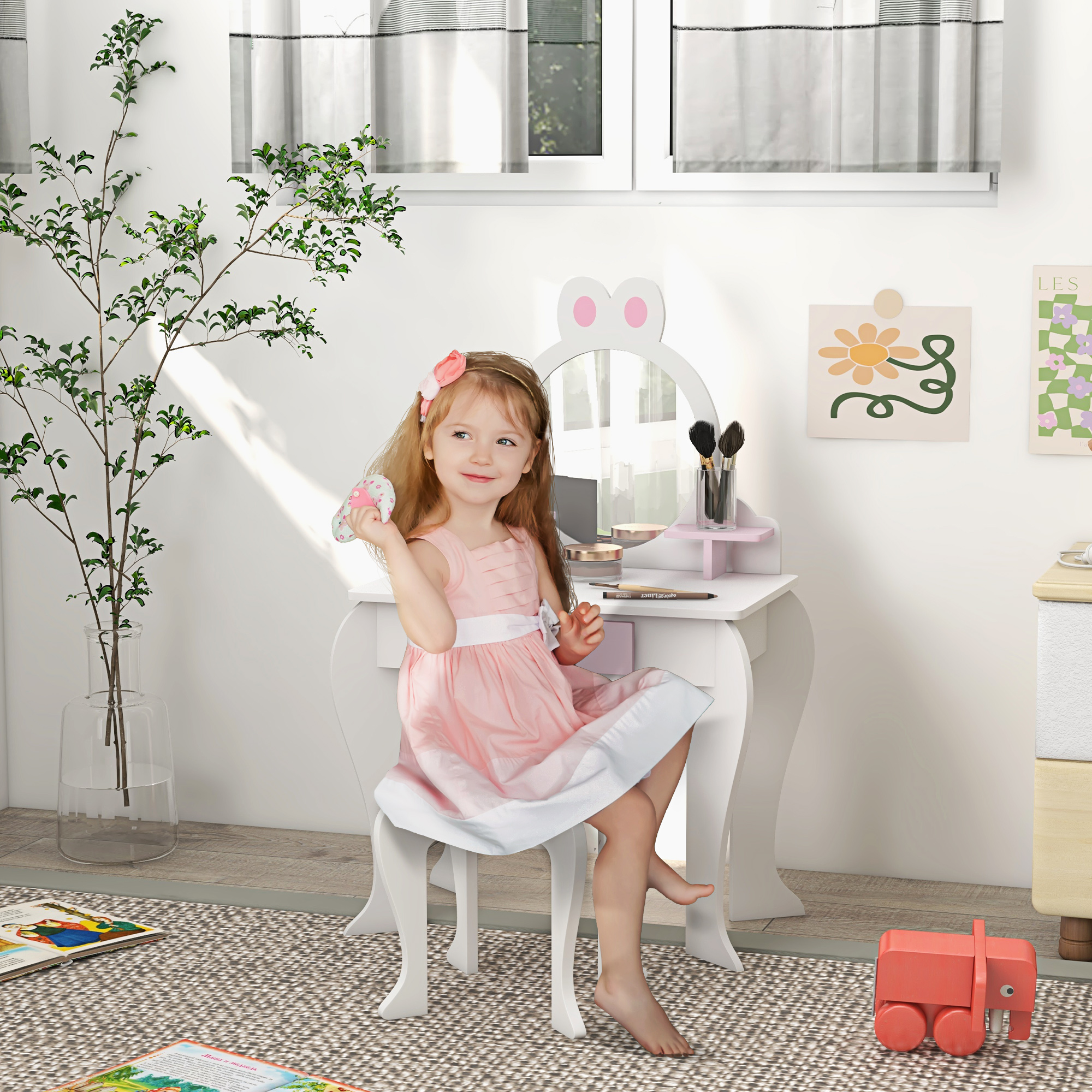 ZONEKIZ Bunny-Design Kids Dressing Table, with Mirror and Stool, Fun and Functional, White and Pink
