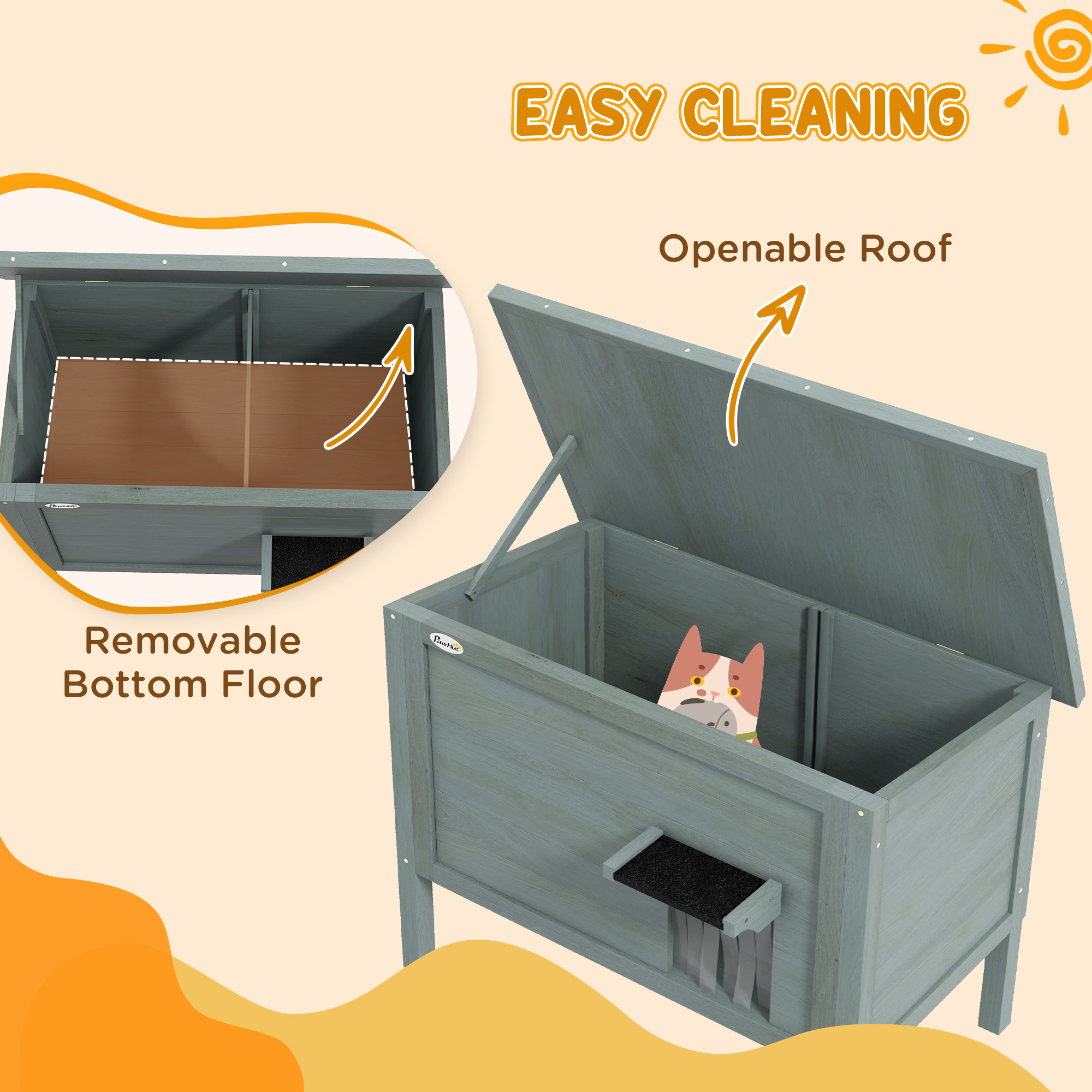 PawHut Outdoor Cat House, Wooden Insulated with Removable Floor, Waterproof & Openable Roof, Charcoal Grey