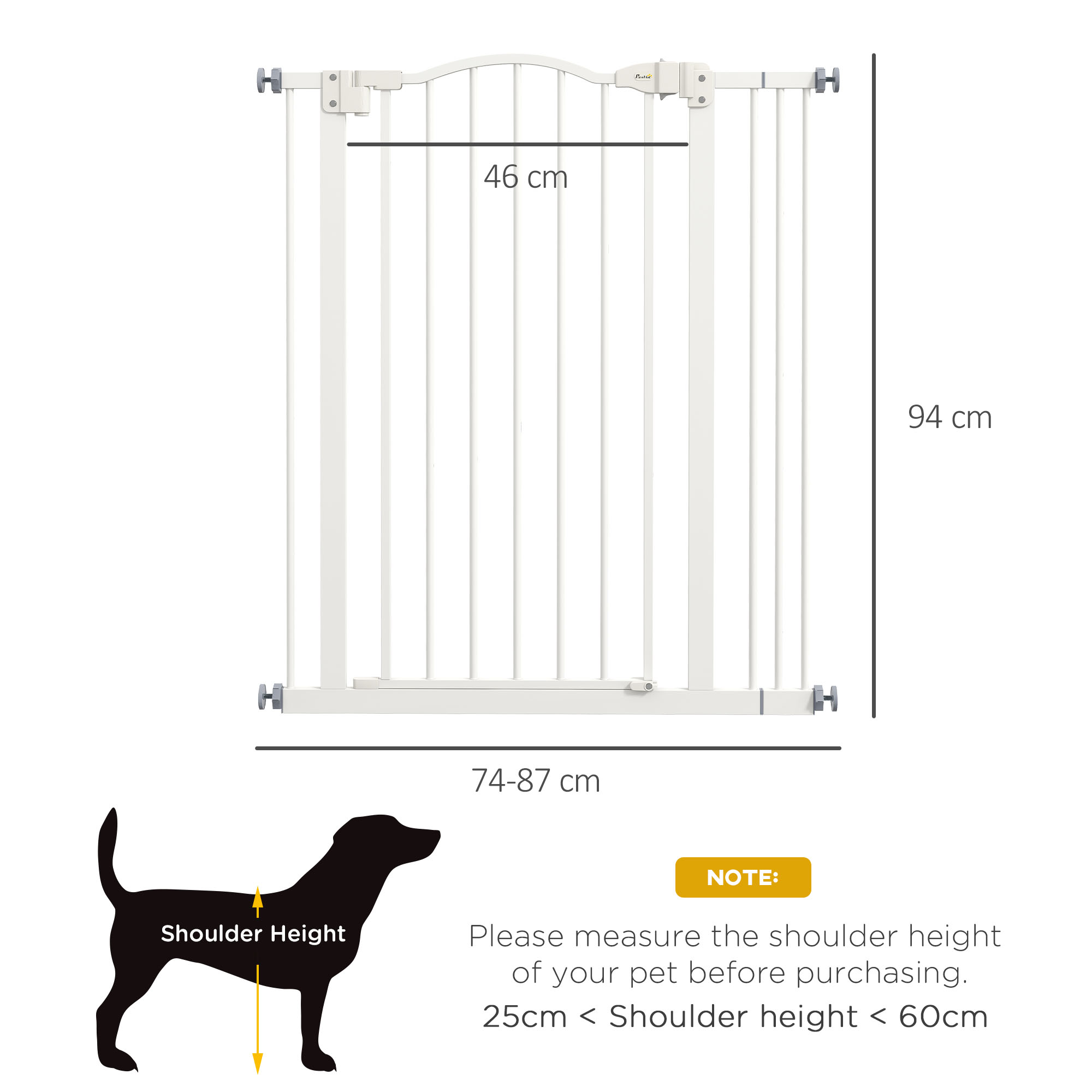 PawHut Adjustable Metal Pet Safety Gate, Dog Barrier with Folding Design, 74-87cm Width, White