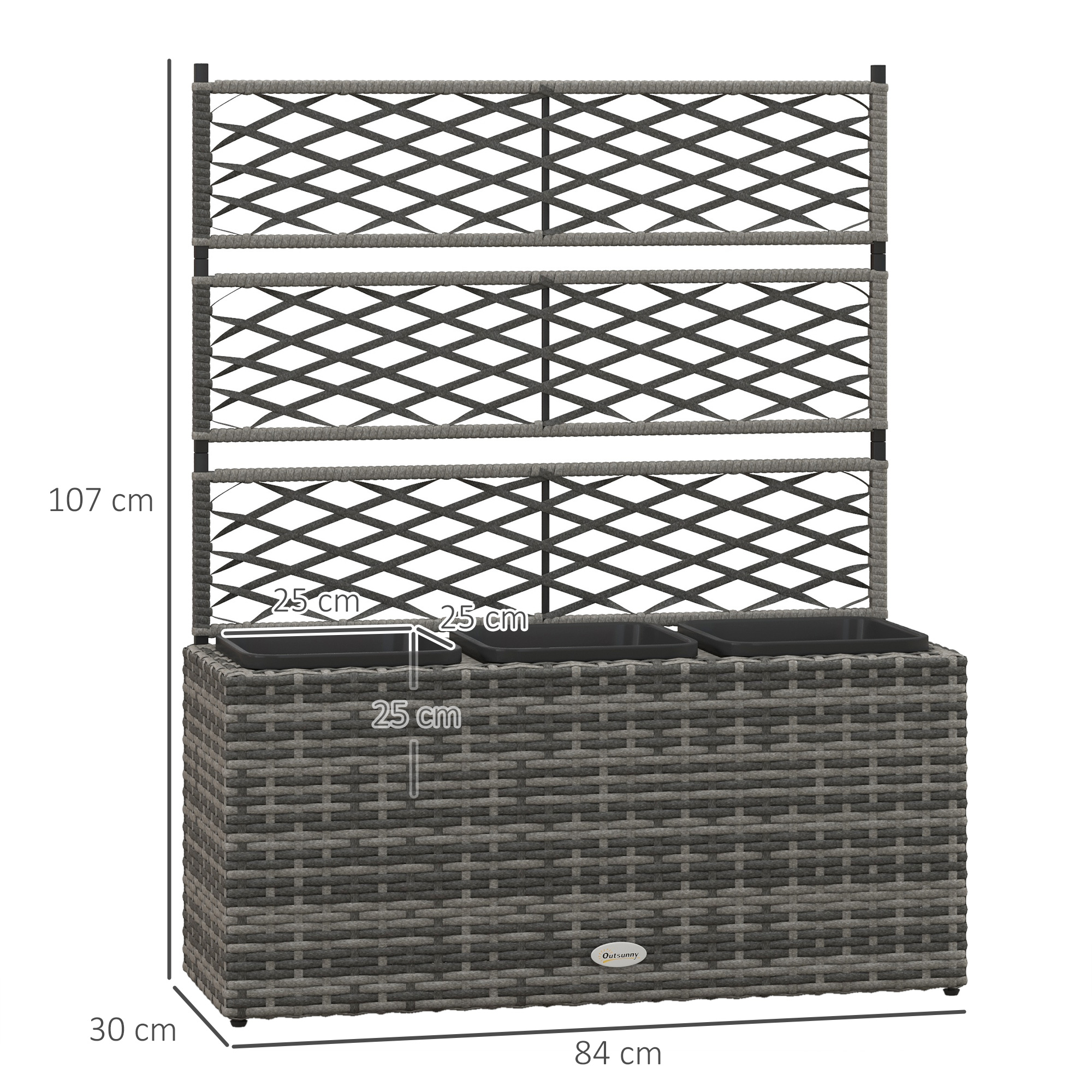 Outsunny Rattan Garden Planter with Trellis, 33L Free Standing Flower Bed for Climbing Plants, 84 x 30 x 107cm, Light Grey