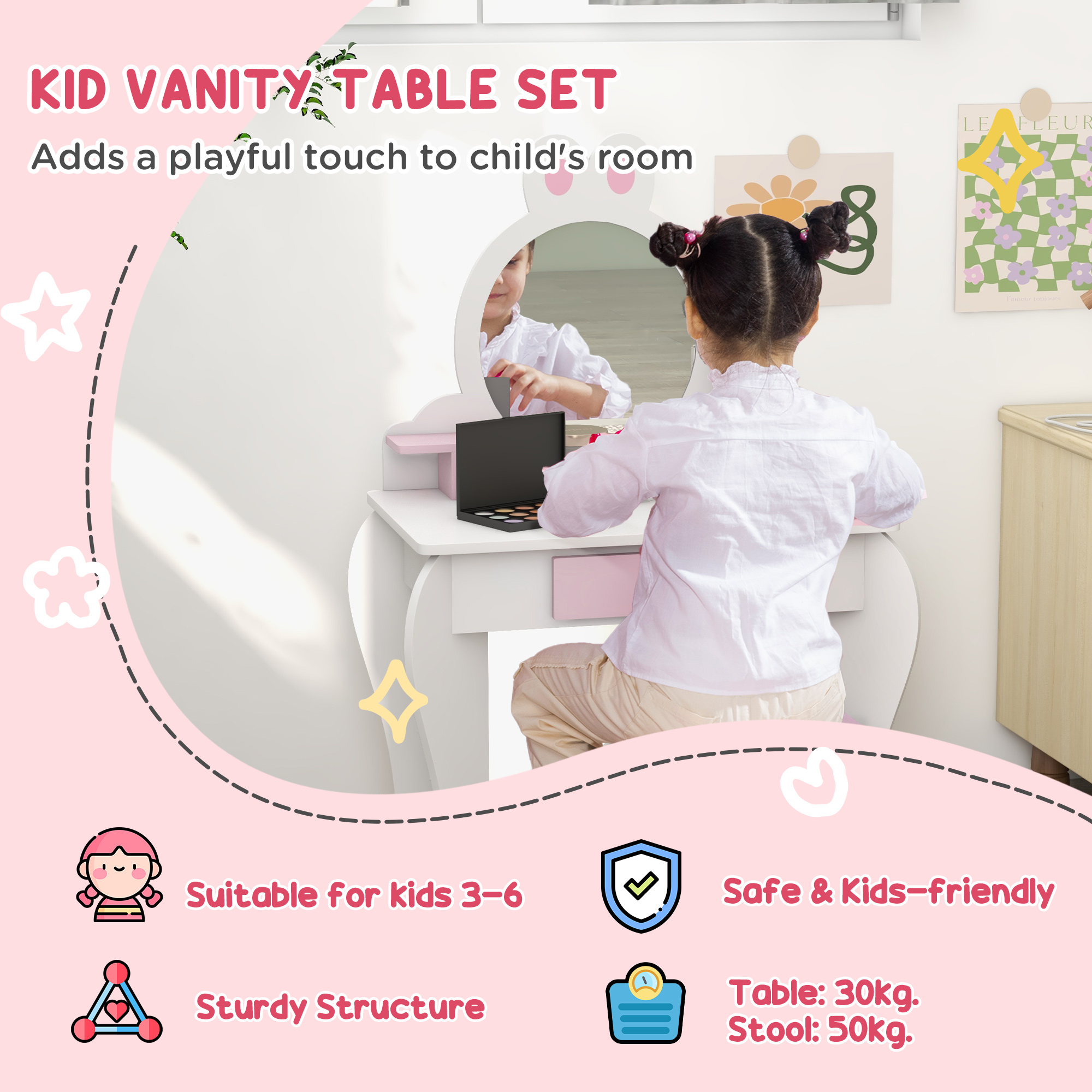 ZONEKIZ Bunny-Design Kids Dressing Table, with Mirror and Stool, Fun and Functional, White and Pink