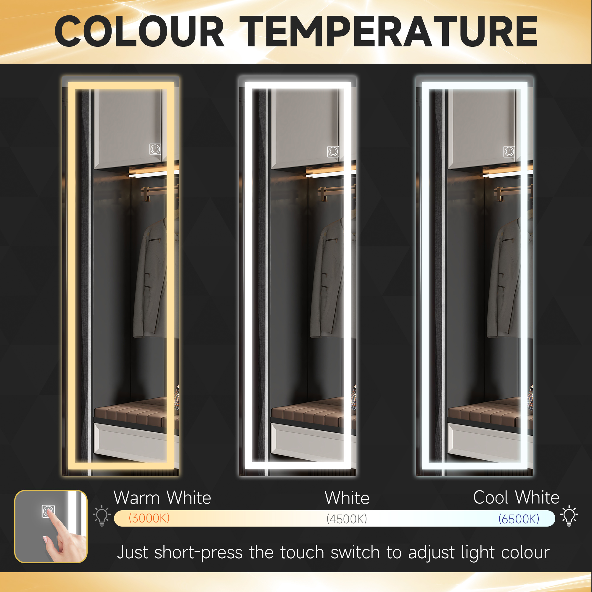 HOMCOM Full Length Mirror with Dimming, 3 Colour LED, Smart Touch, Memory Function, 120 x 40cm, Long Wall Mounted
