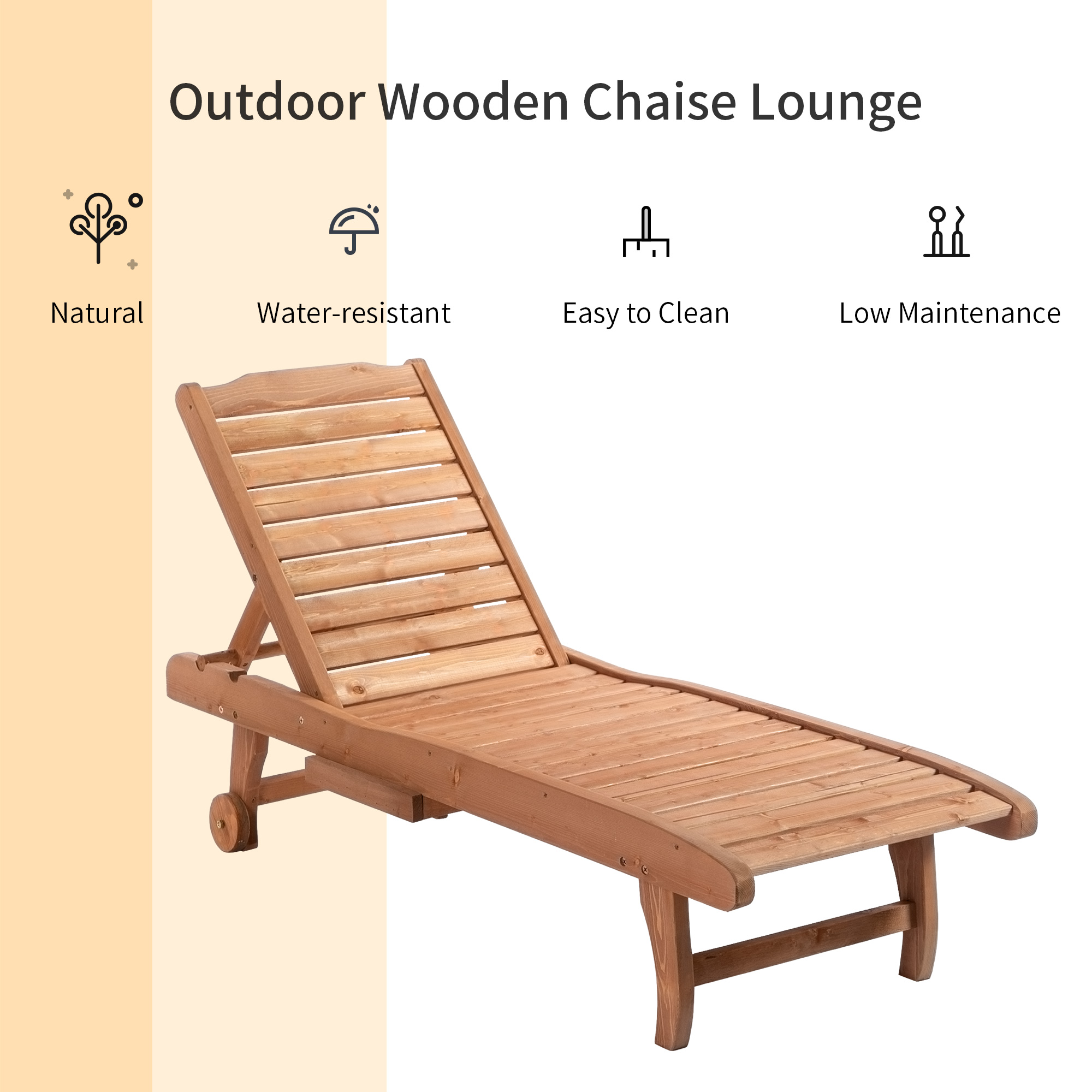 Outsunny Outdoor Wooden Lounger Chair, Sun Bed with Built-In Table, Adjustable Backrest and Wheels, Red Brown