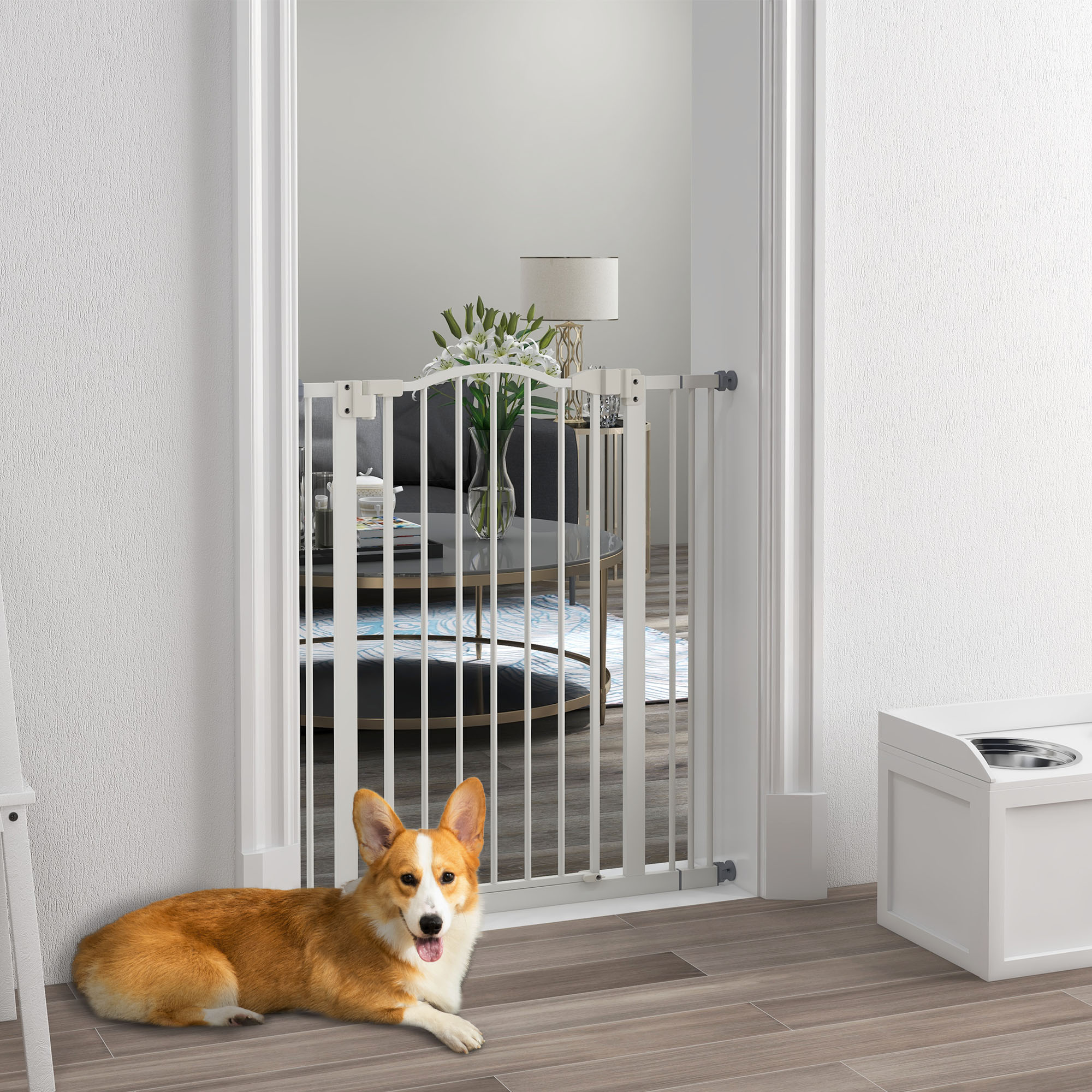 PawHut Adjustable Metal Pet Safety Gate, Dog Barrier with Folding Design, 74-87cm Width, White