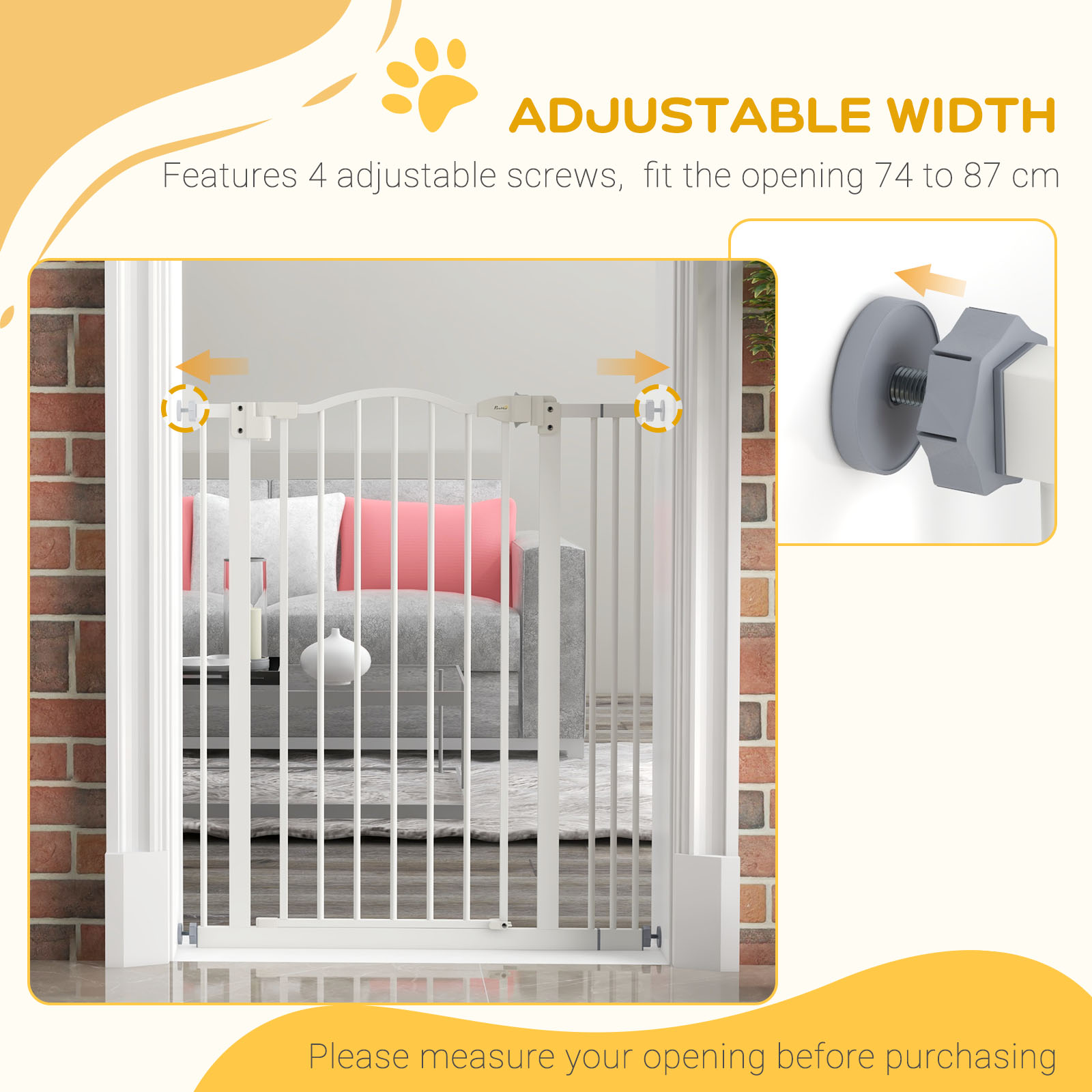 PawHut Adjustable Metal Pet Safety Gate, Dog Barrier with Folding Design, 74-87cm Width, White