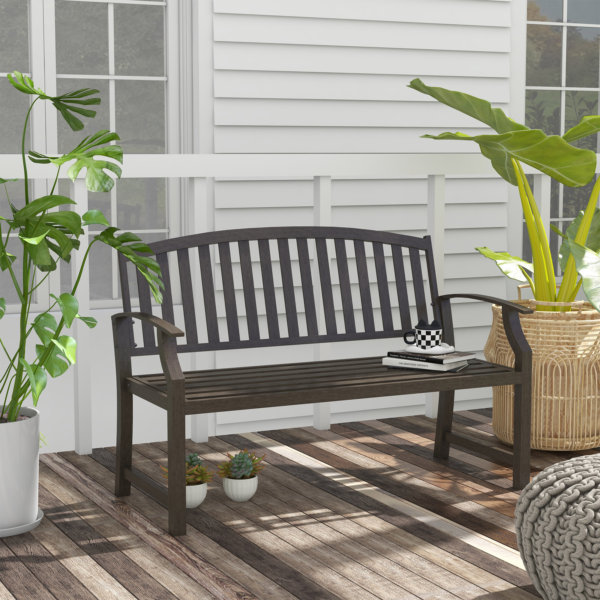Outsunny Metal Garden Bench with Slatted Seat, Backrest, and Curved Armrests for Conservatory, Poolside, or Deck, Brown