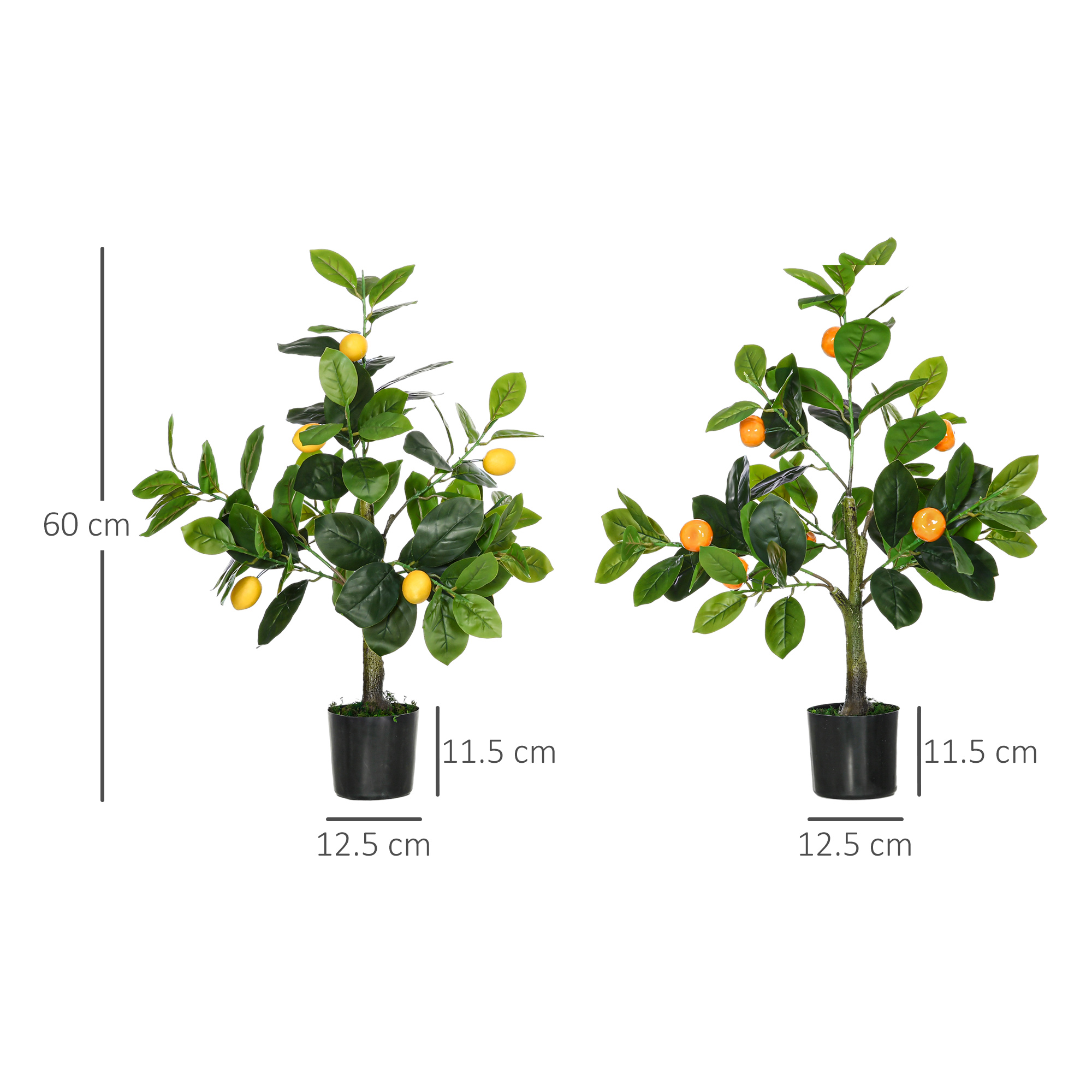 HOMCOM Artificial Lemon & Orange Trees Set of 2 with Pot, Indoor Outdoor Decorative Faux Plants, 60cm, Green
