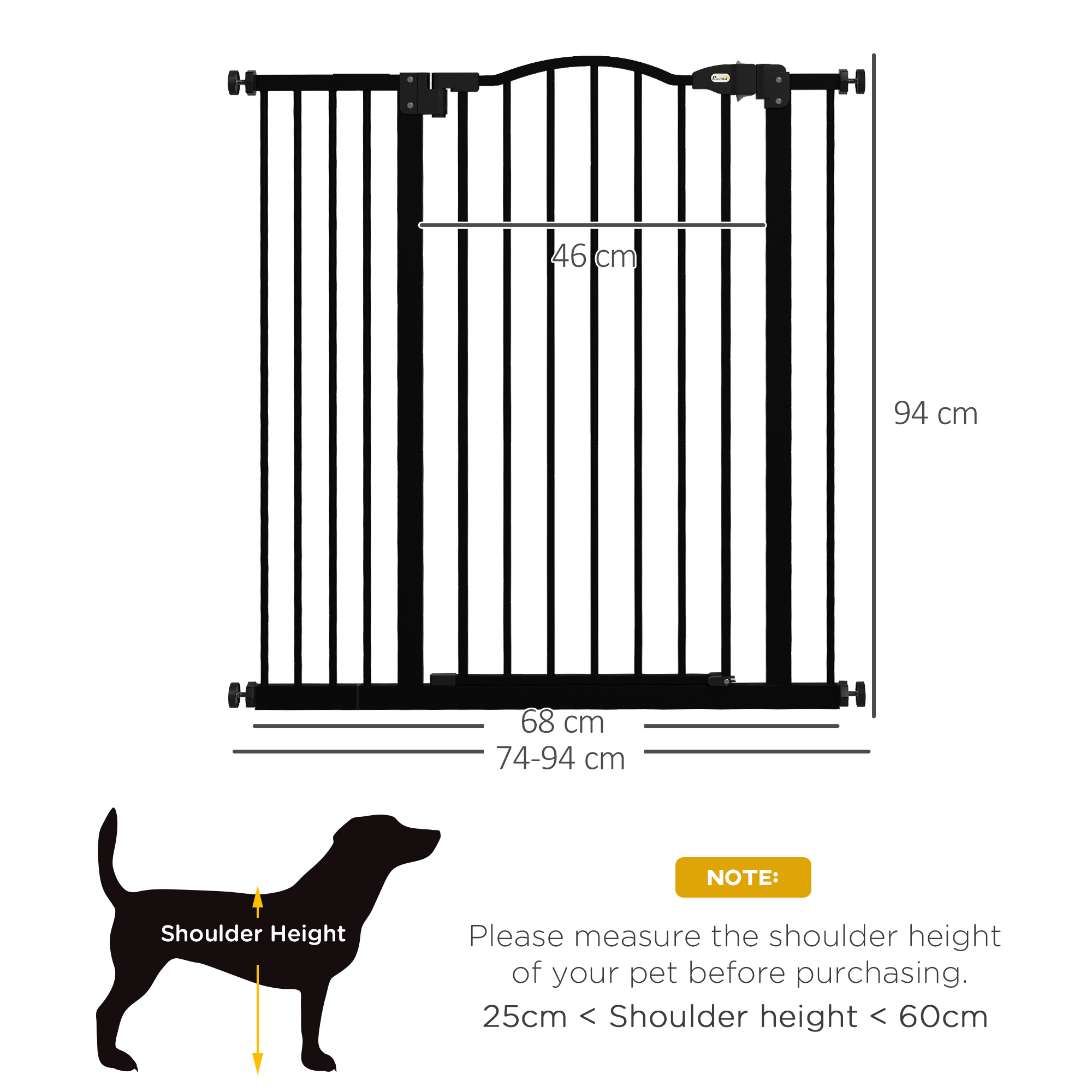 PawHut Adjustable Safety Barrier, Metal Pet Gate with Auto-Lock & No-Drill Installation, for Doorways & Stairways, 74-94cm, Black
