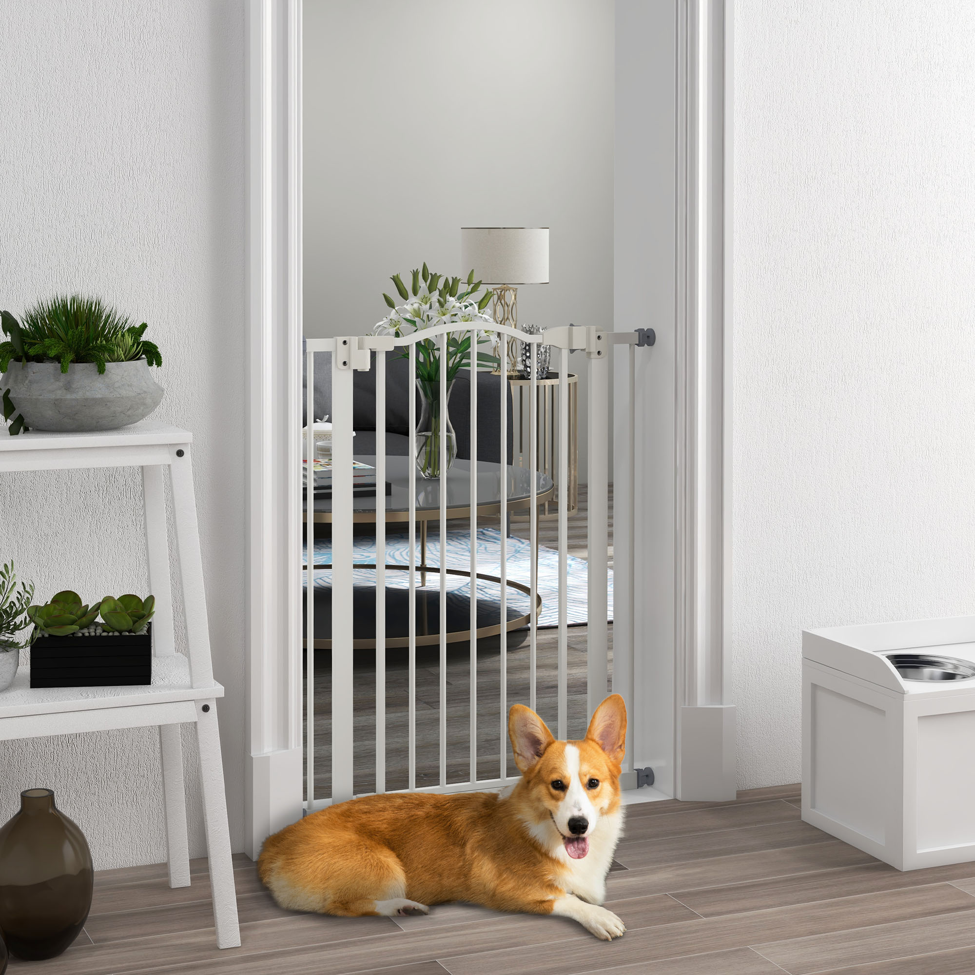 PawHut Metal Pet Safety Gate Dog Gate Folding Fence, White