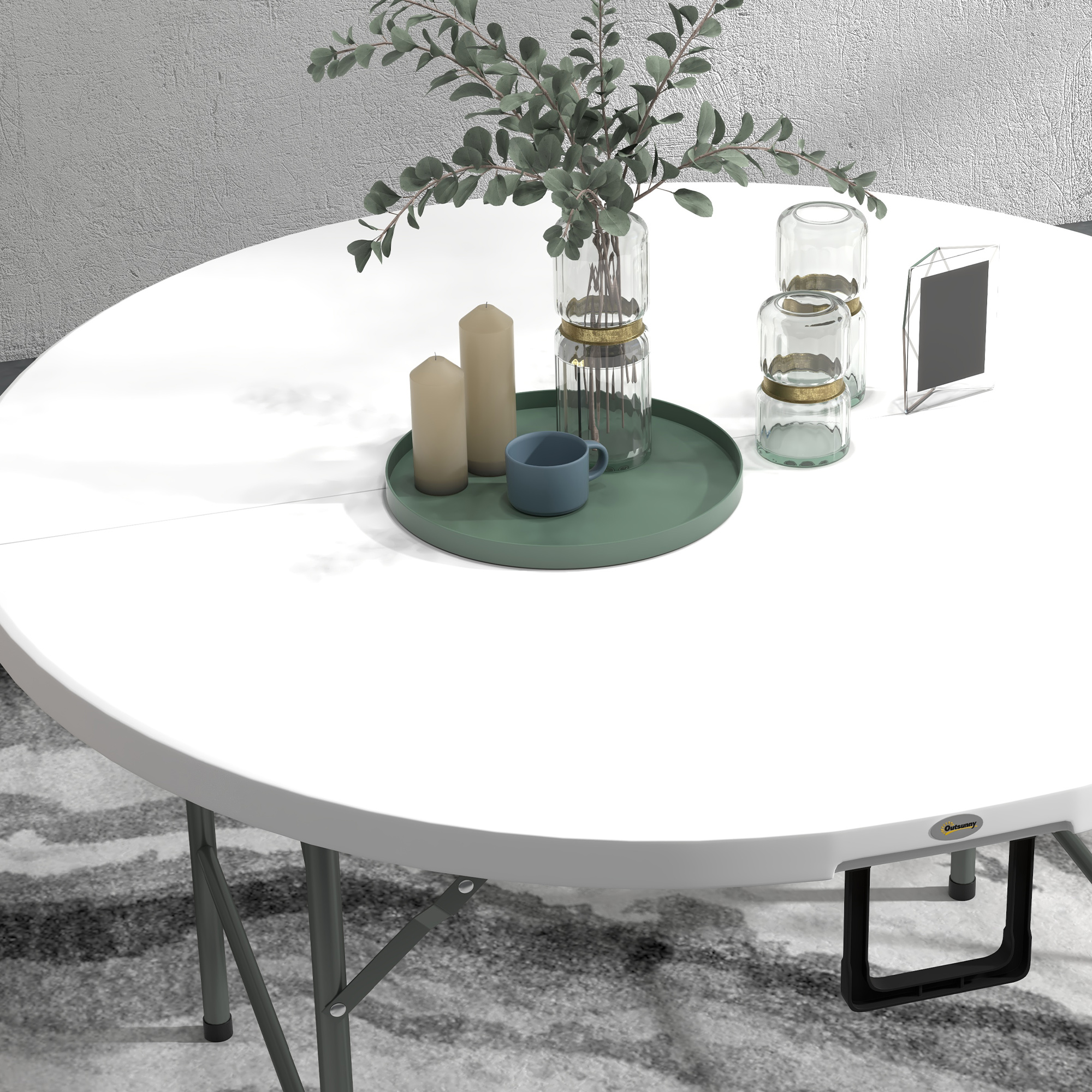 Outsunny Î¦122 Folding Garden Table, Outdoor HDPE Round Picnic Table for 6, Patio Table with Metal Frame, White