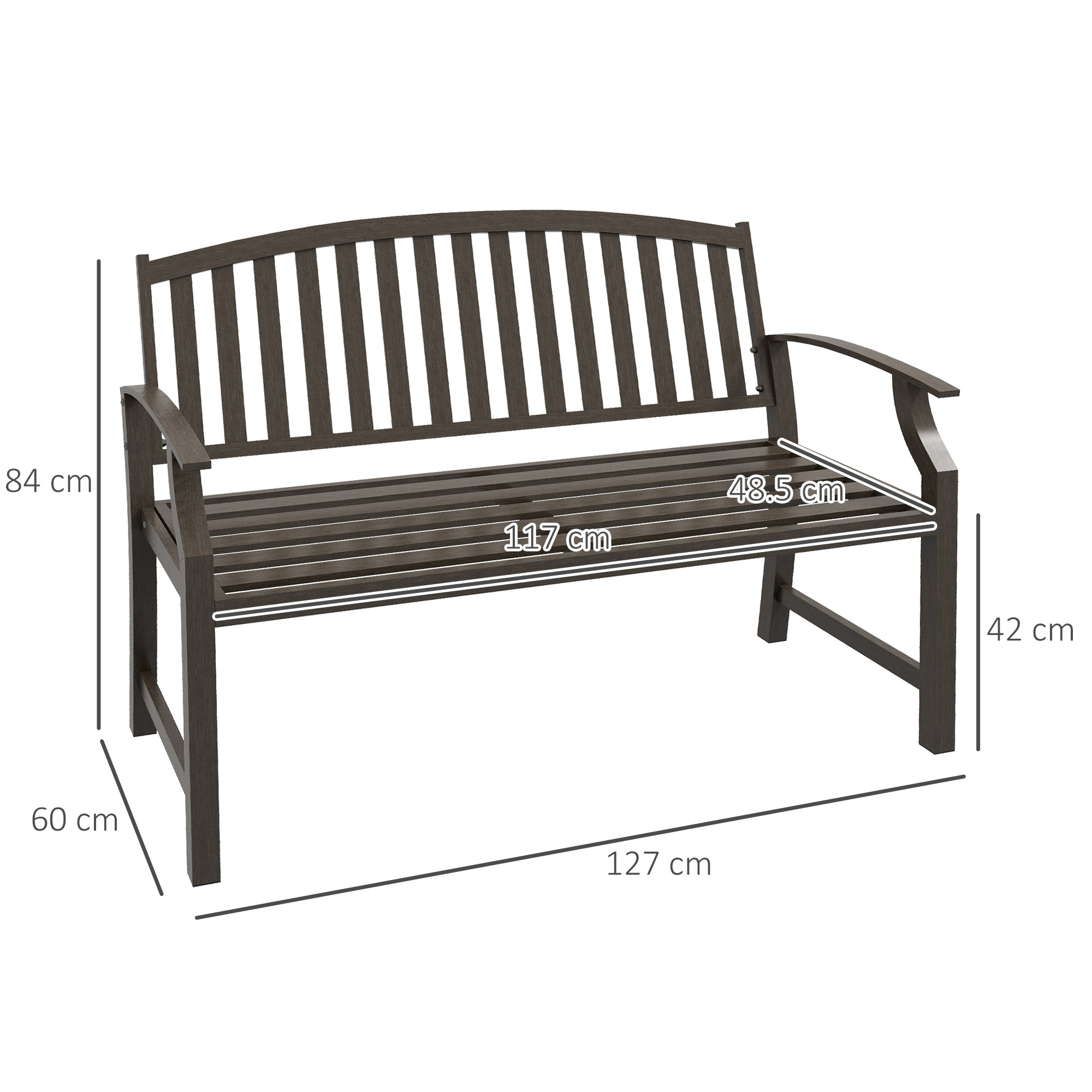 Outsunny Metal Garden Bench with Slatted Seat, Backrest, and Curved Armrests for Conservatory, Poolside, or Deck, Brown