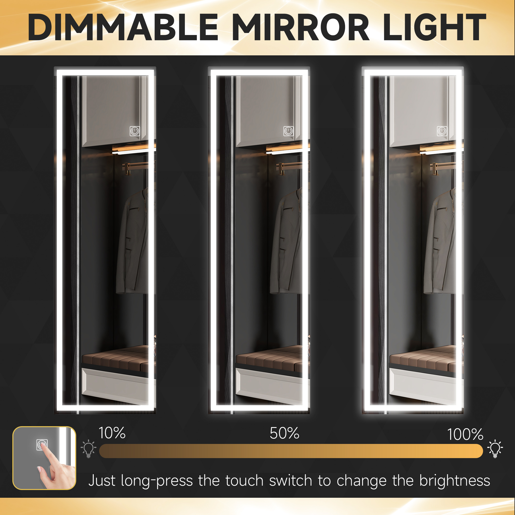 HOMCOM Full Length Mirror with Dimming, 3 Colour LED, Smart Touch, Memory Function, 120 x 40cm, Long Wall Mounted