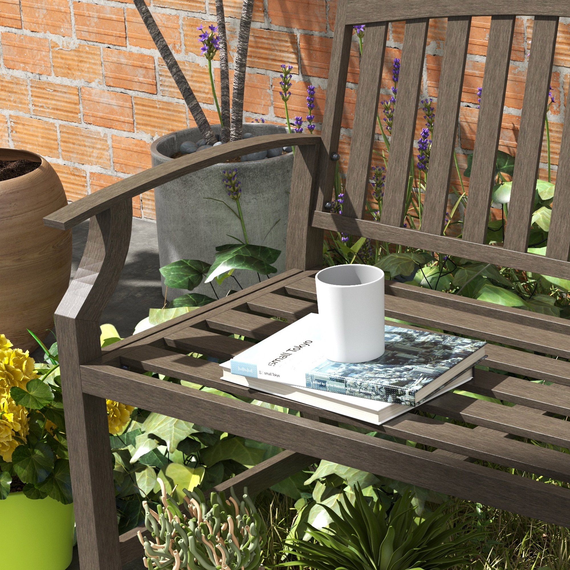 Outsunny Metal Garden Bench with Slatted Seat, Backrest, and Curved Armrests for Conservatory, Poolside, or Deck, Brown