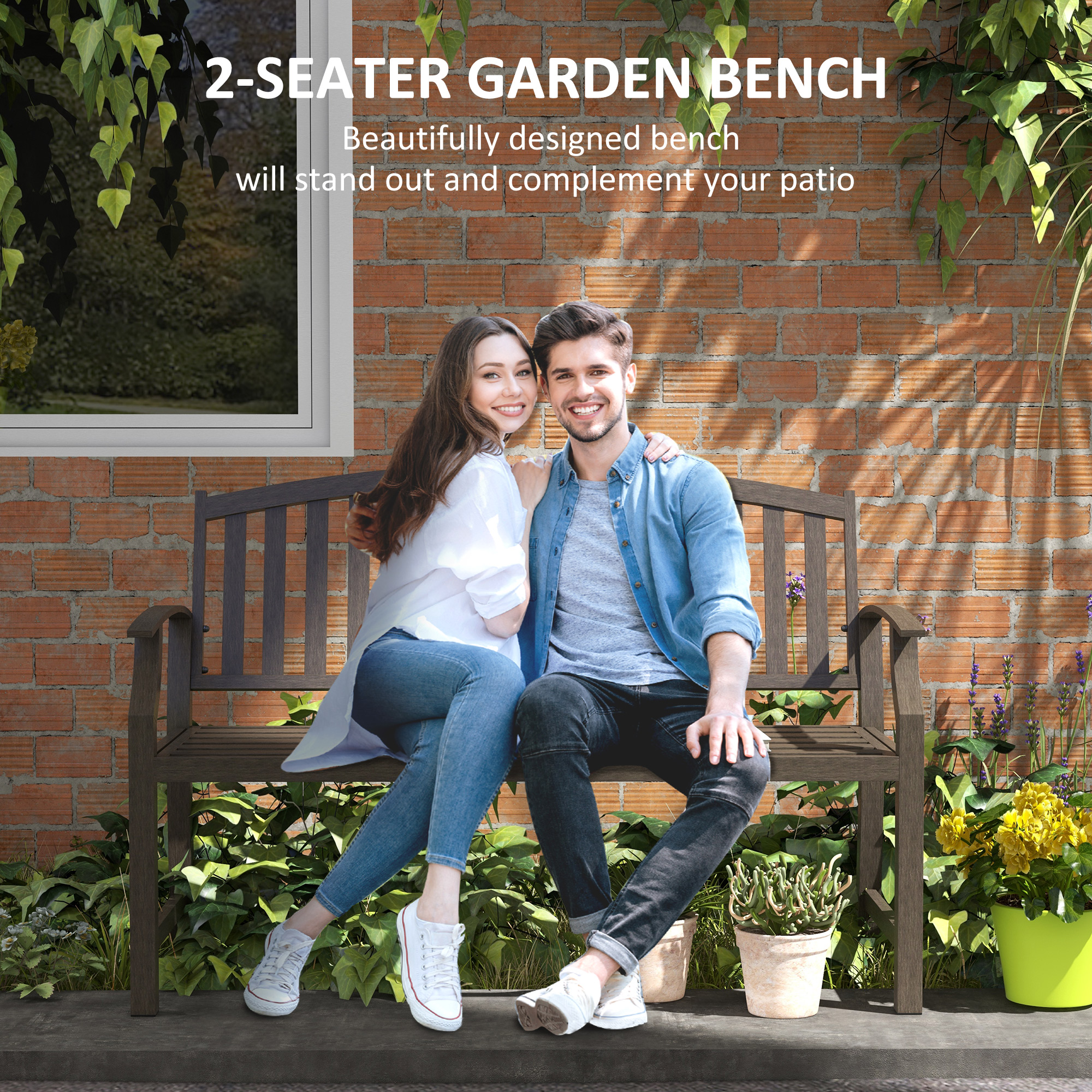 Outsunny Metal Garden Bench with Slatted Seat, Backrest, and Curved Armrests for Conservatory, Poolside, or Deck, Brown