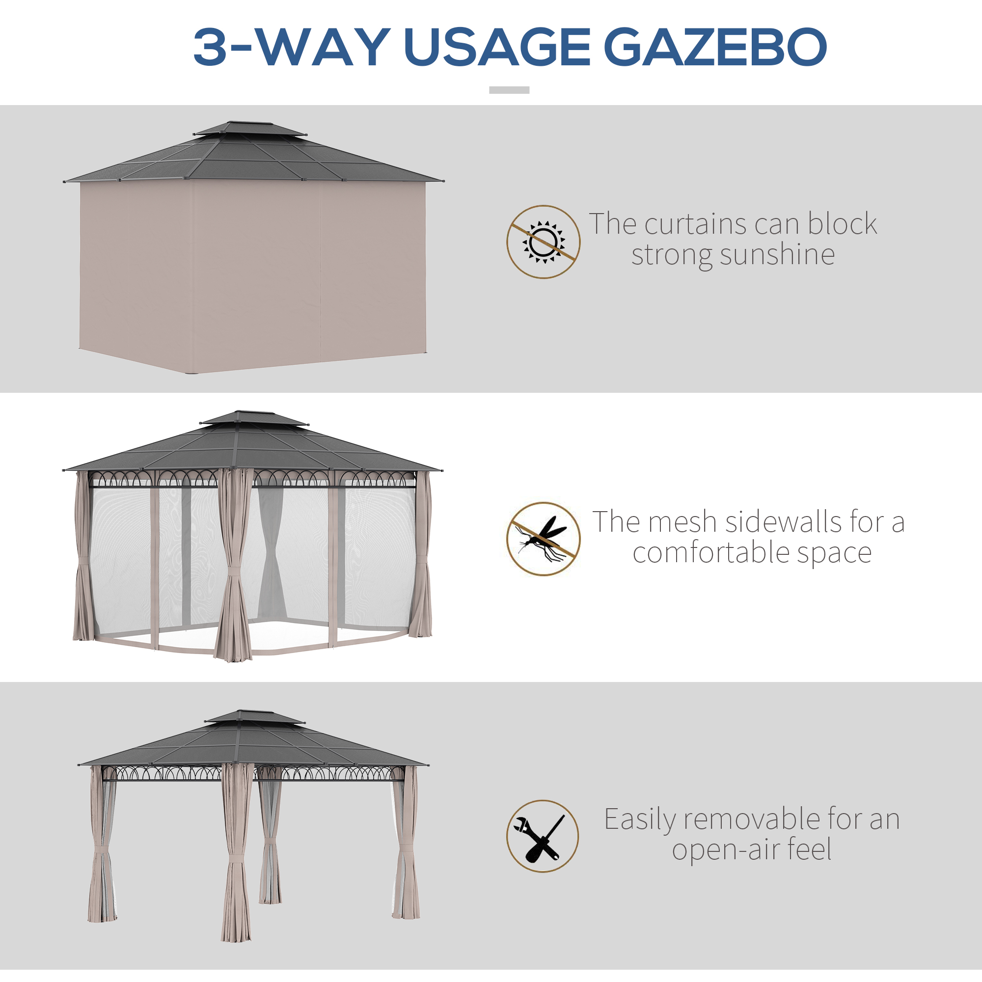 Outsunny 3.6 x 3 (m) Outdoor Polycarbonate Gazebo, DoubleÂ Roof Hard Top Gazebo with NettingsÂ &Â Curtains for Garden, Lawn, Patio