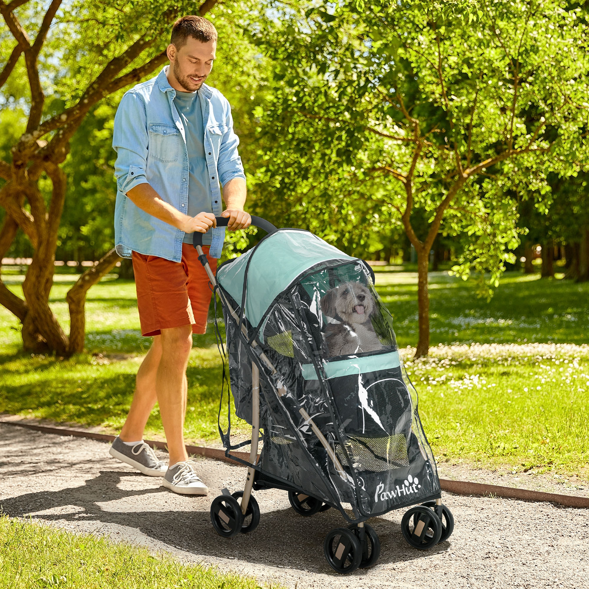 PawHut Pet Stroller for Small Dogs, Durable Oxford Fabric, with Rain Cover, Lightweight & Portable, Vibrant Green