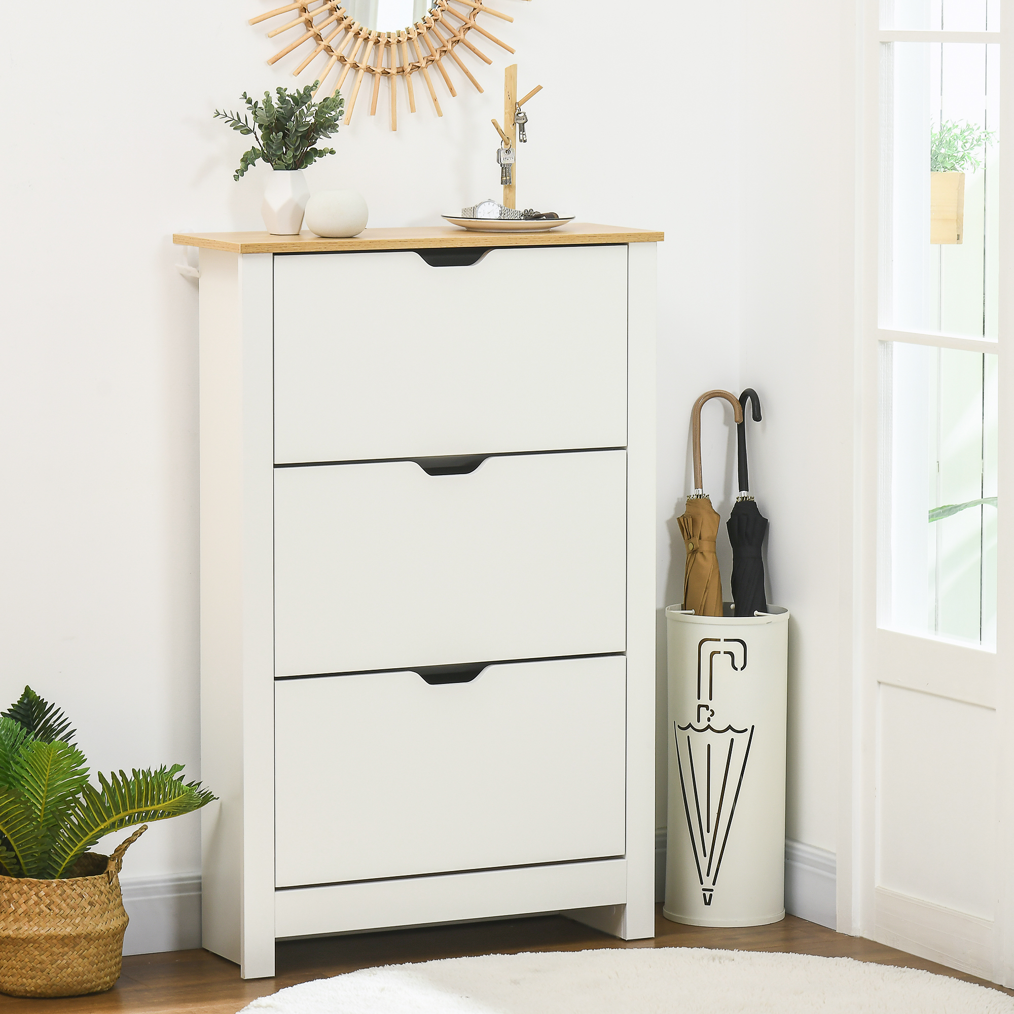 HOMCOM Slim Shoe Cabinet, Narrow Shoe Cupboard with 3 Flip Drawers, Adjustable Shelves for 18 Pairs of Shoes for Hallway, White