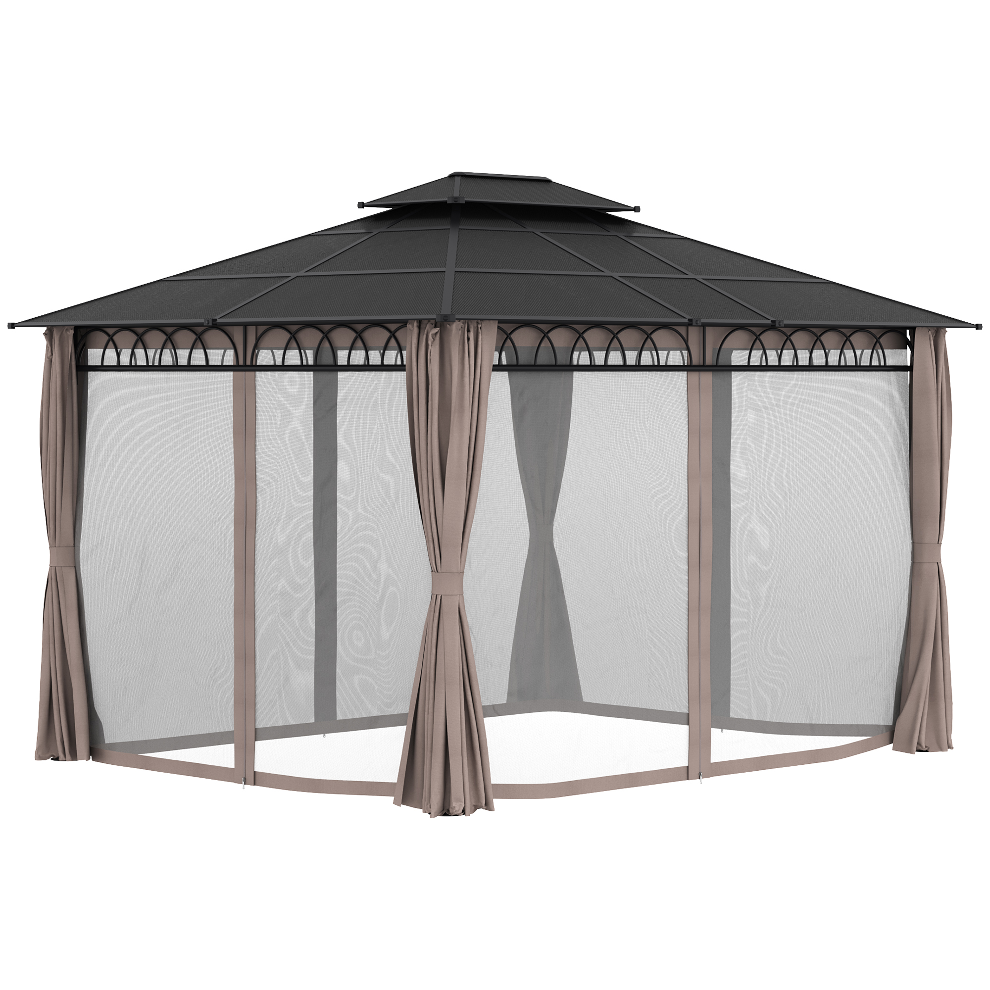Outsunny 3.6 x 3 (m) Outdoor Polycarbonate Gazebo, DoubleÂ Roof Hard Top Gazebo with NettingsÂ &Â Curtains for Garden, Lawn, Patio
