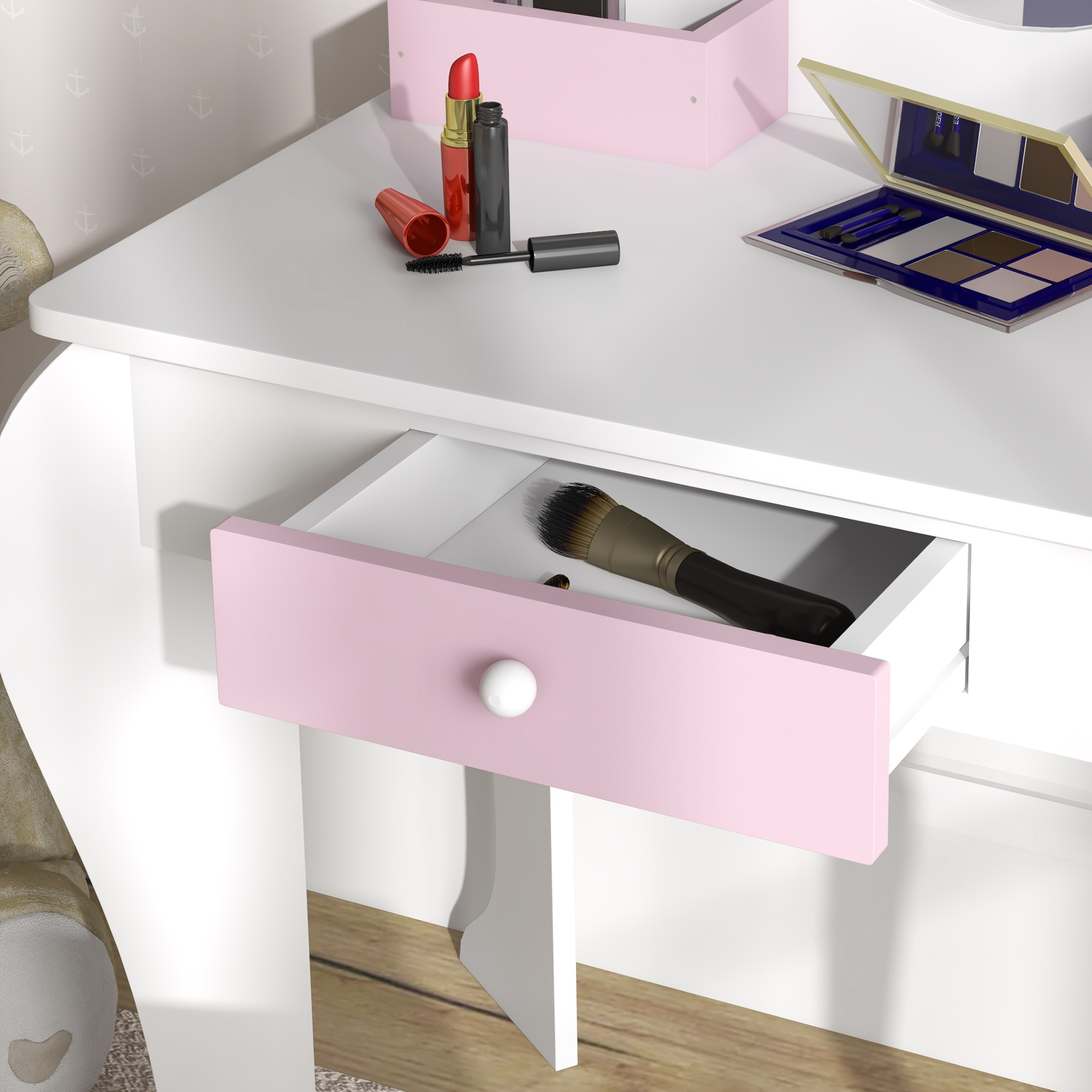 ZONEKIZ Kids Dressing Table, Unicorn Design with Mirror & Stool, Creative Play, White
