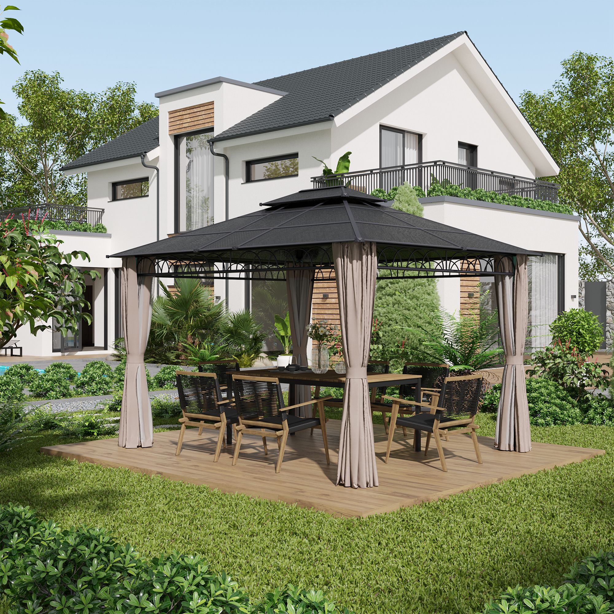 Outsunny 3.6 x 3 (m) Outdoor Polycarbonate Gazebo, DoubleÂ Roof Hard Top Gazebo with NettingsÂ &Â Curtains for Garden, Lawn, Patio