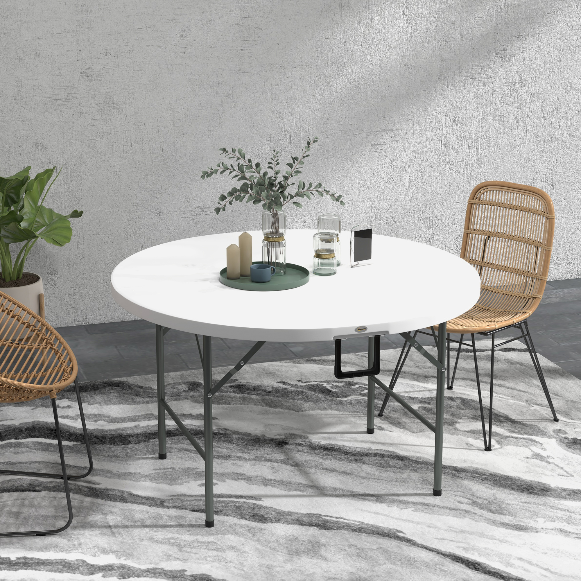 Outsunny Î¦122 Folding Garden Table, Outdoor HDPE Round Picnic Table for 6, Patio Table with Metal Frame, White