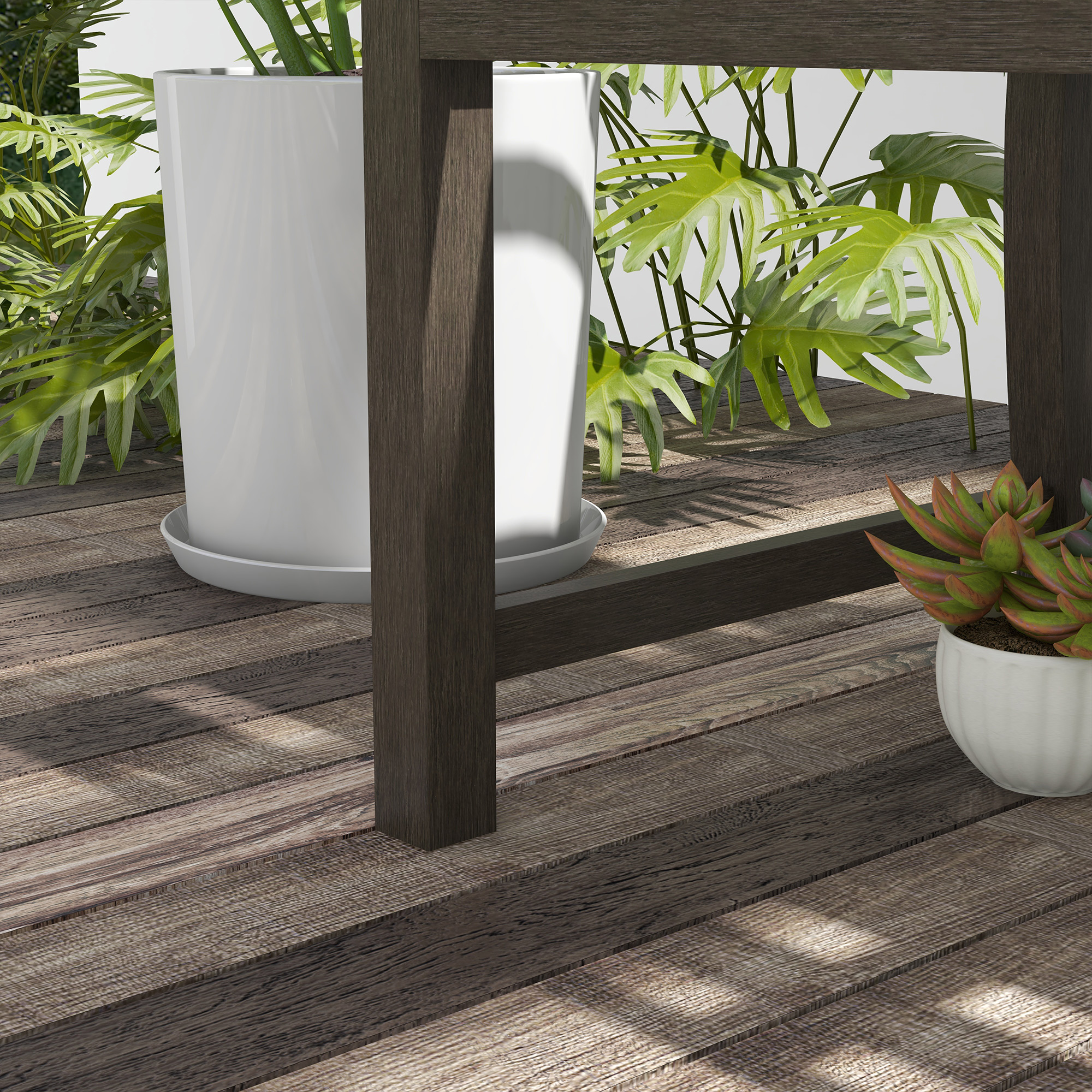 Outsunny Metal Garden Bench with Slatted Seat, Backrest, and Curved Armrests for Conservatory, Poolside, or Deck, Brown