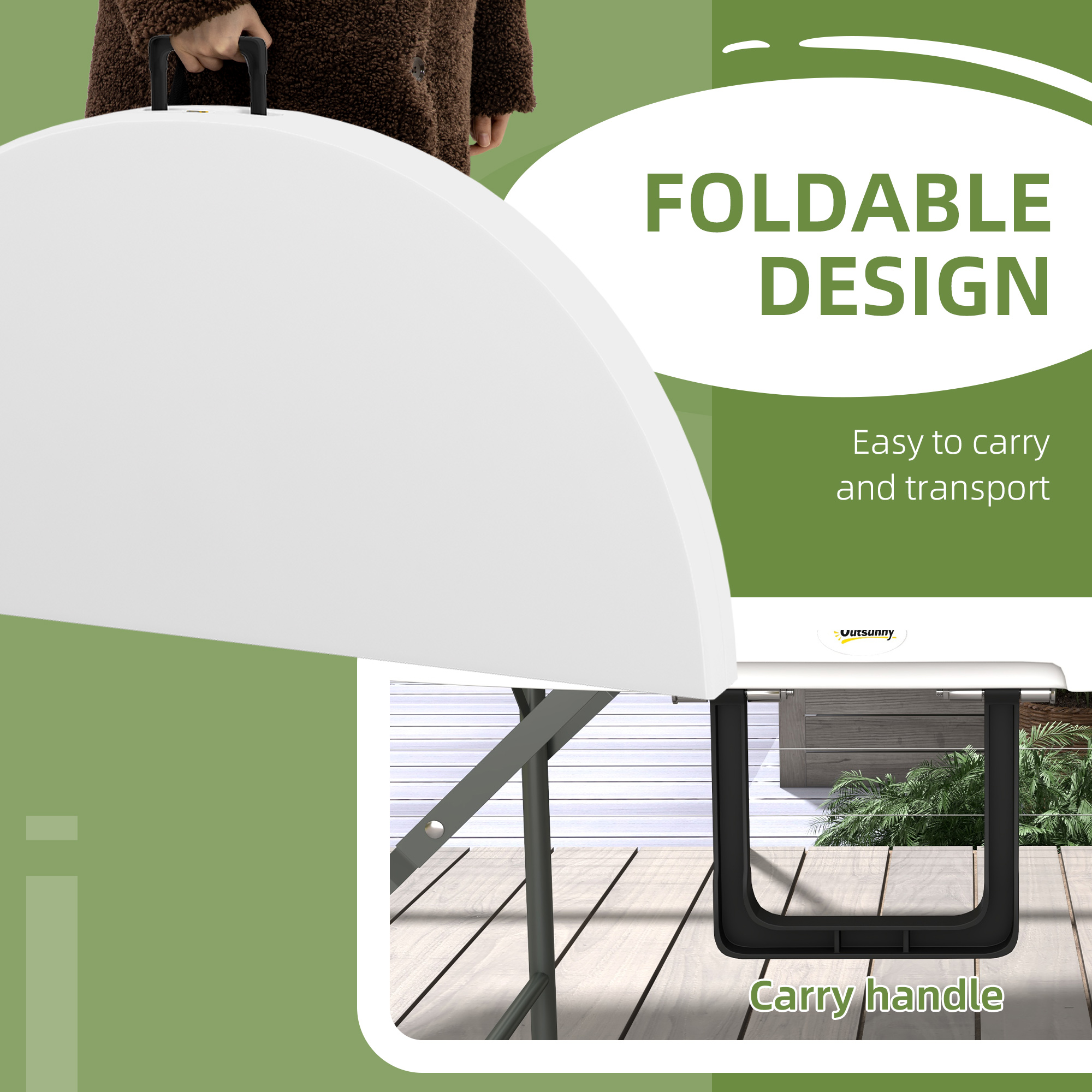 Outsunny Î¦122 Folding Garden Table, Outdoor HDPE Round Picnic Table for 6, Patio Table with Metal Frame, White
