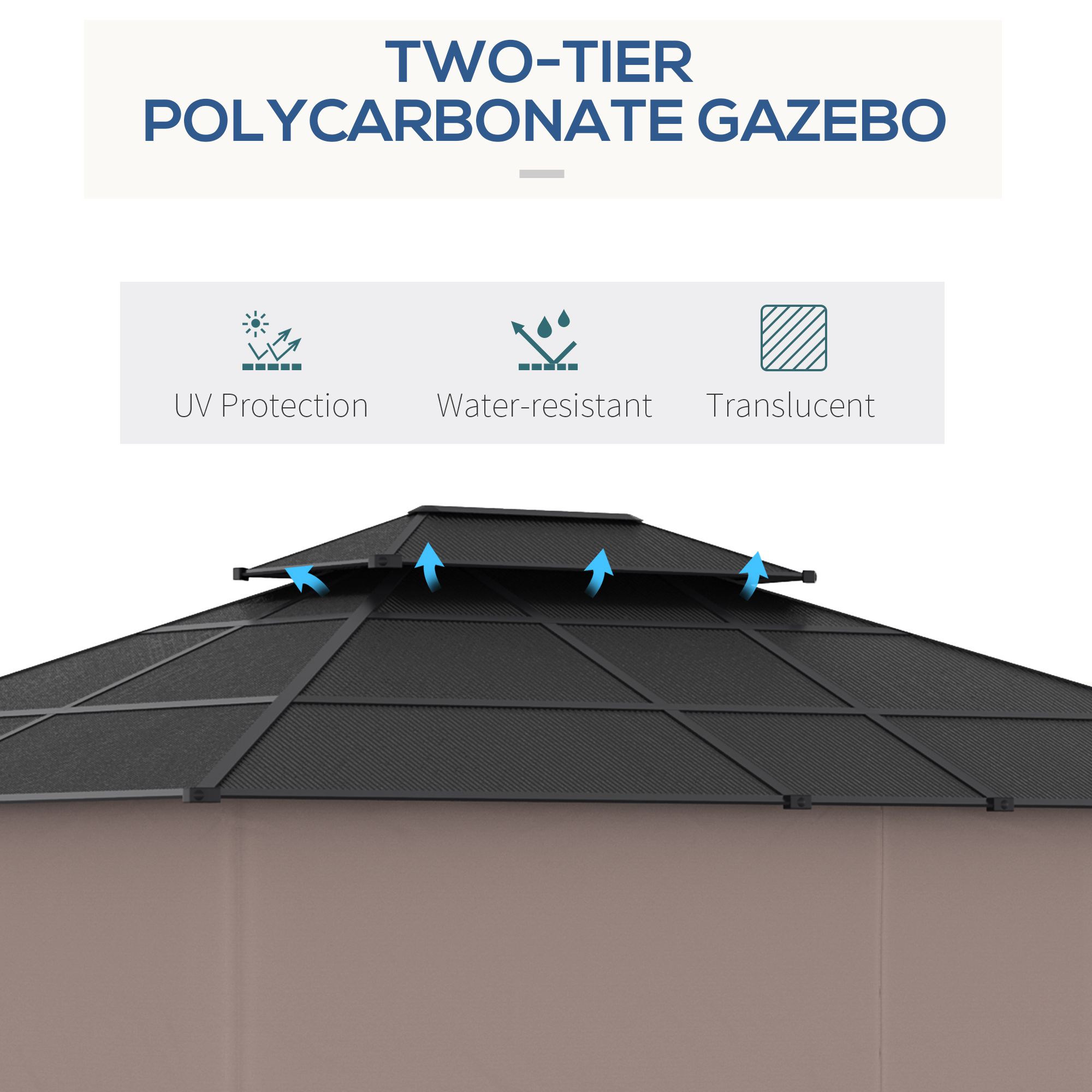 Outsunny 3.6 x 3 (m) Outdoor Polycarbonate Gazebo, DoubleÂ Roof Hard Top Gazebo with NettingsÂ &Â Curtains for Garden, Lawn, Patio