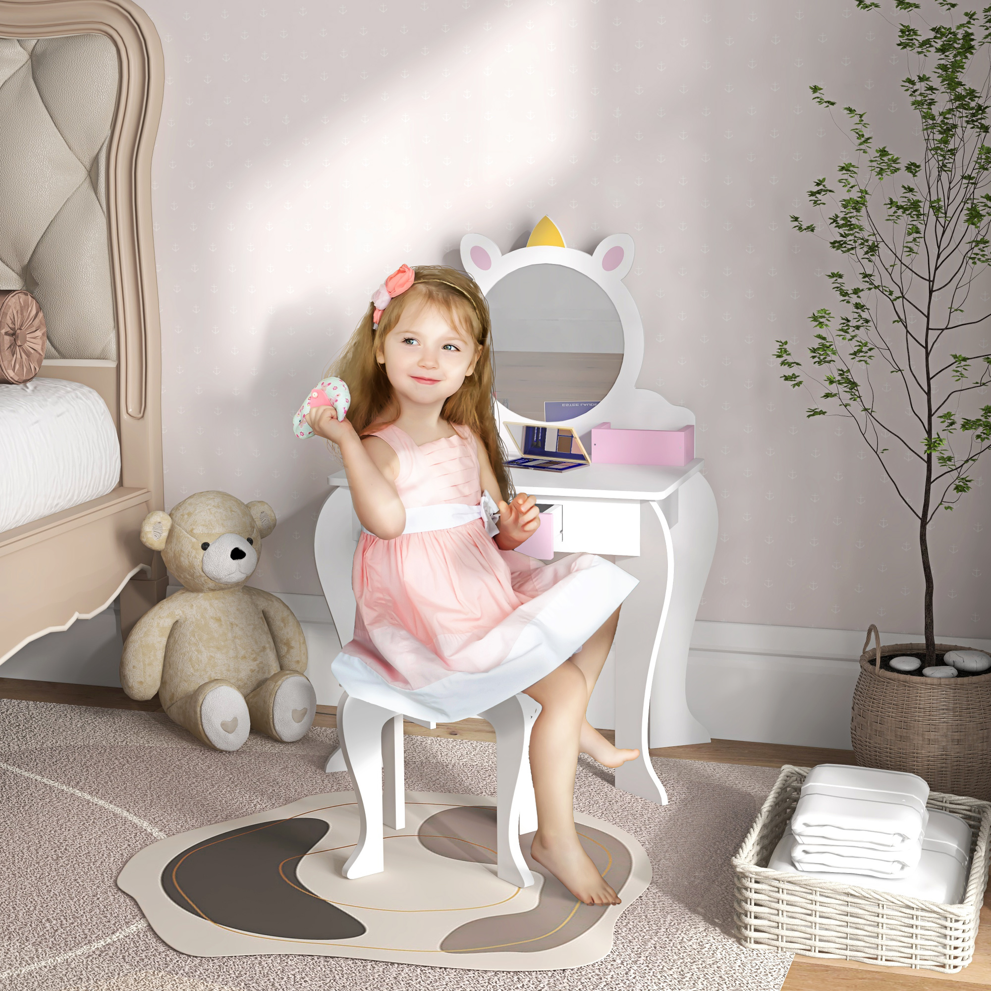 ZONEKIZ Kids Dressing Table, Unicorn Design with Mirror & Stool, Creative Play, White