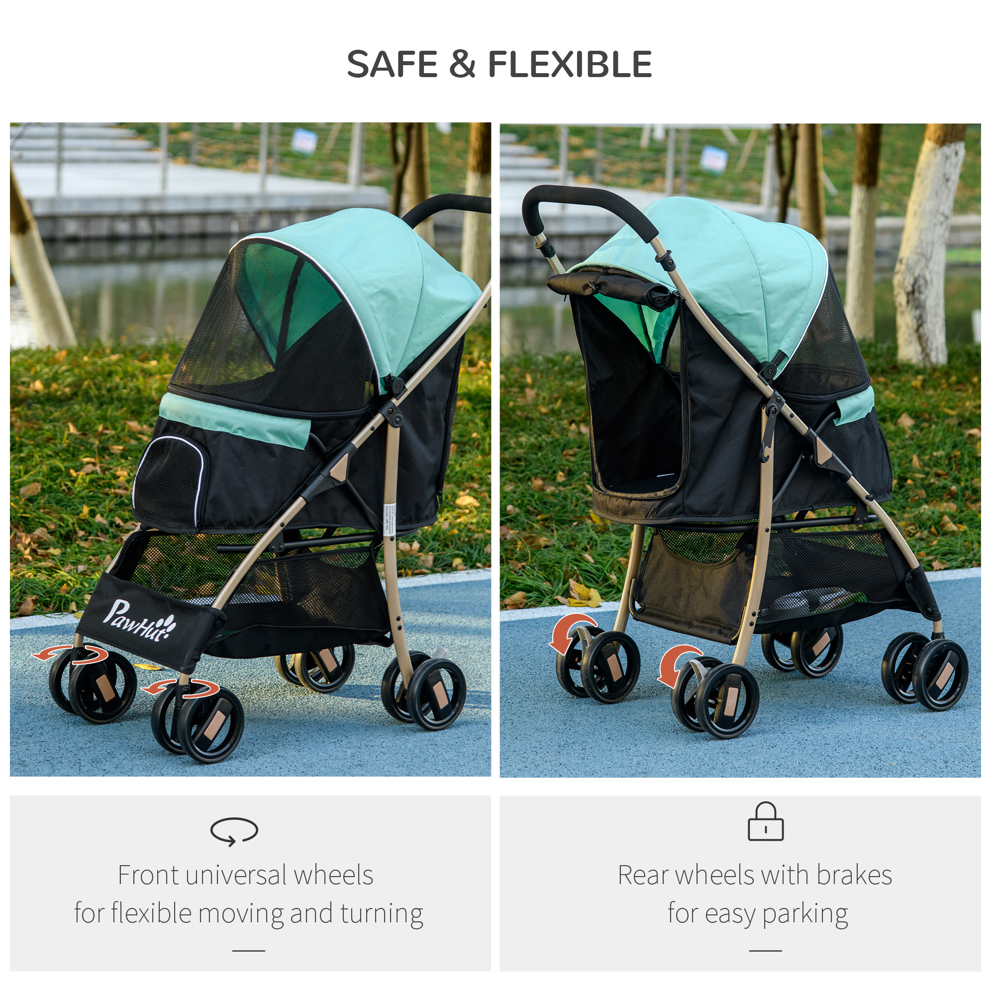 PawHut Pet Stroller for Small Dogs, Durable Oxford Fabric, with Rain Cover, Lightweight & Portable, Vibrant Green