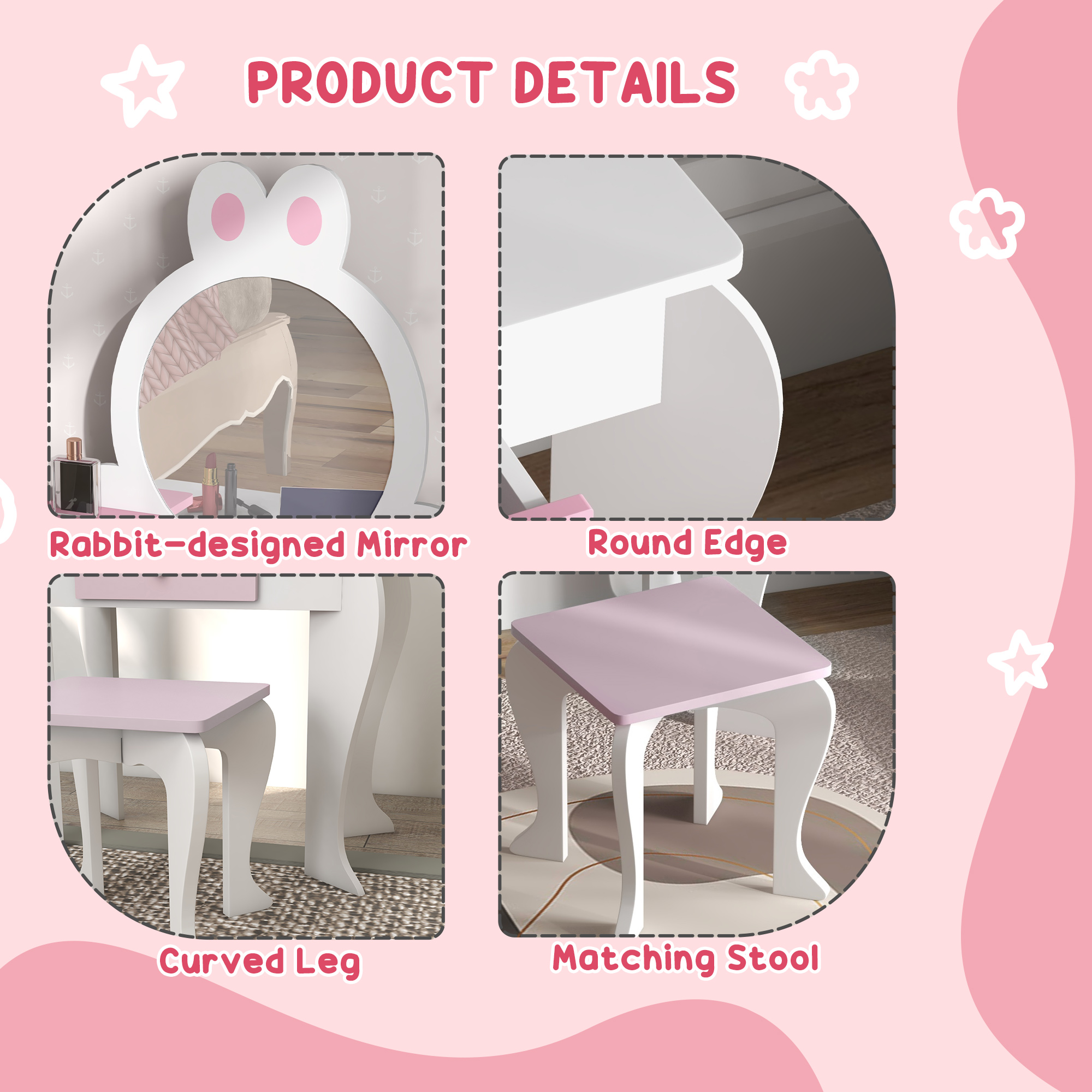 ZONEKIZ Bunny-Design Kids Dressing Table, with Mirror and Stool, Fun and Functional, White and Pink