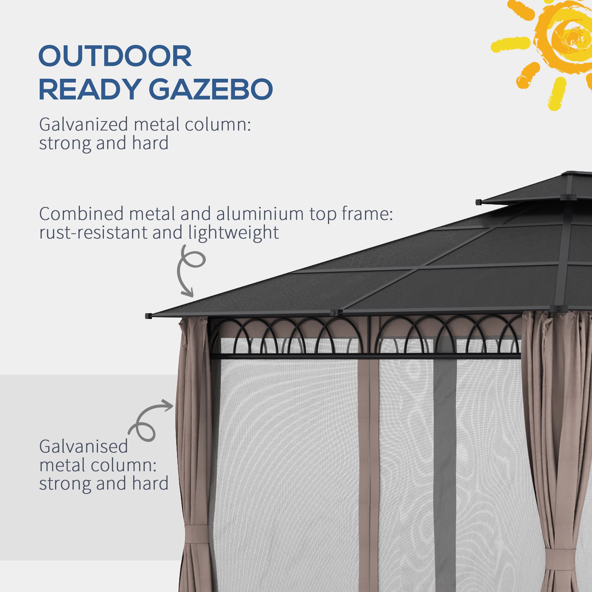 Outsunny 3.6 x 3 (m) Outdoor Polycarbonate Gazebo, DoubleÂ Roof Hard Top Gazebo with NettingsÂ &Â Curtains for Garden, Lawn, Patio