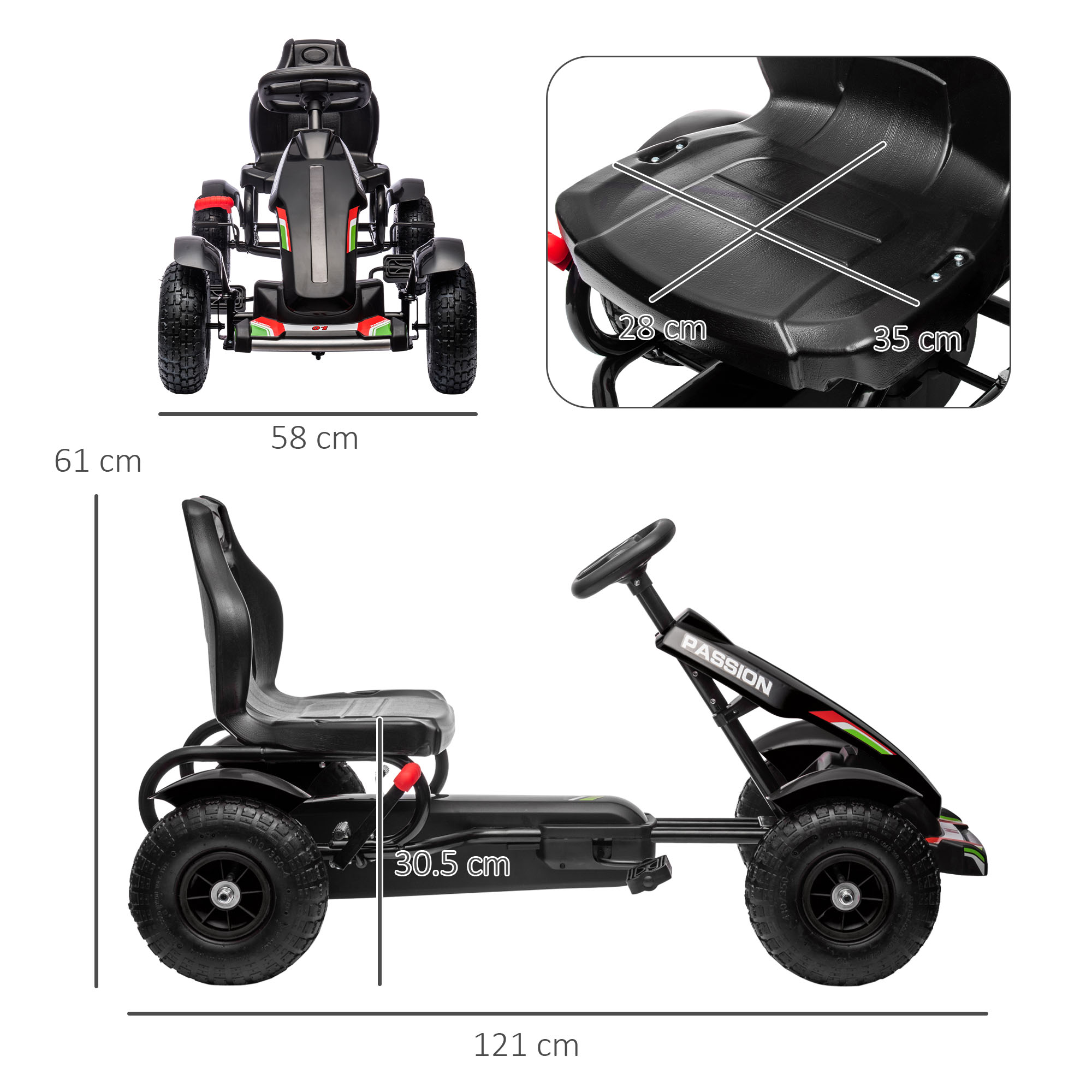 HOMCOM Kids Pedal Go Kart, Metal Frame with Adjustable Seat, Inflatable Tyres for Outdoor Fun, Black